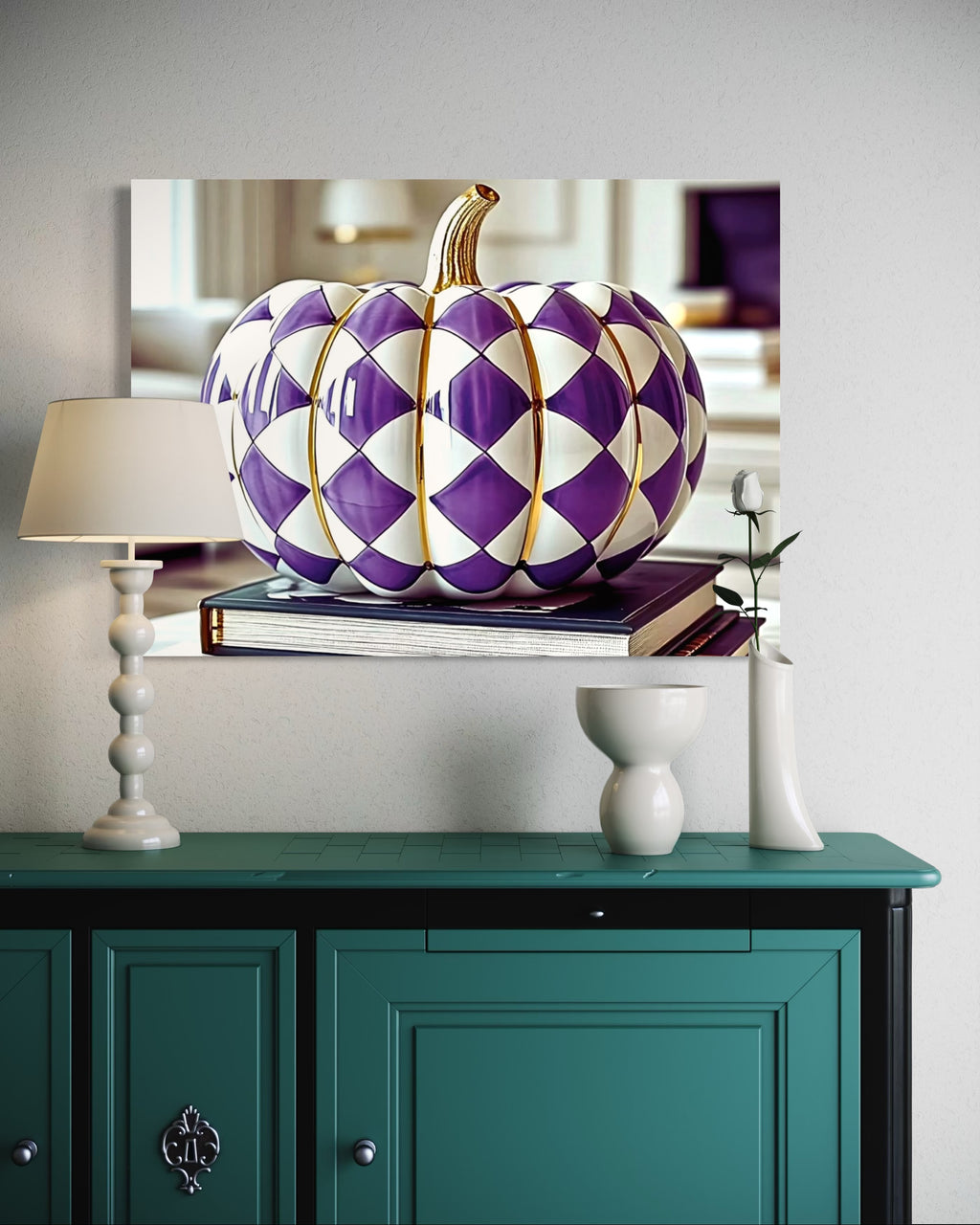 Purple and Gold Checkered Ceramic Pumpkin