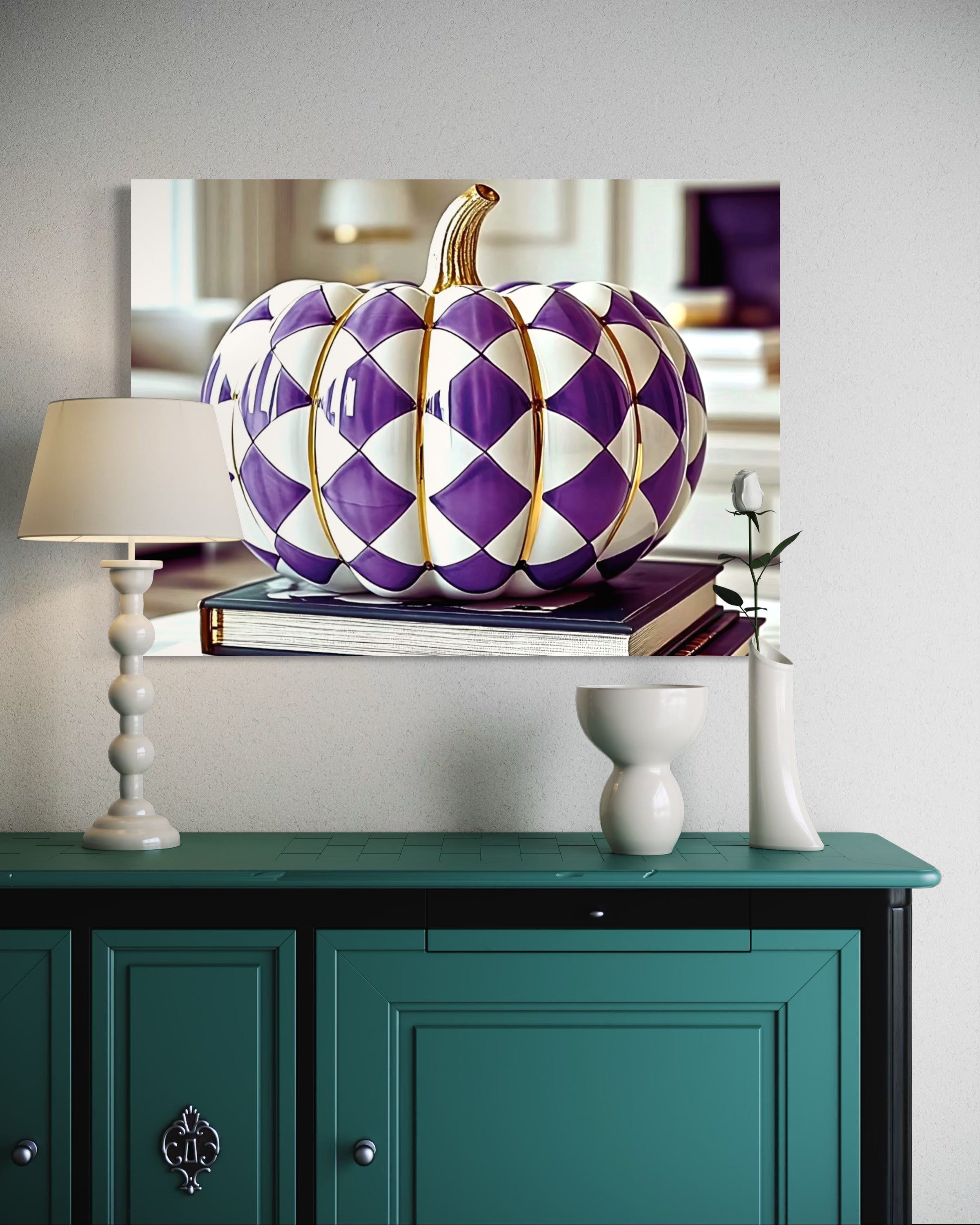 Purple and Gold Checkered Ceramic Pumpkin