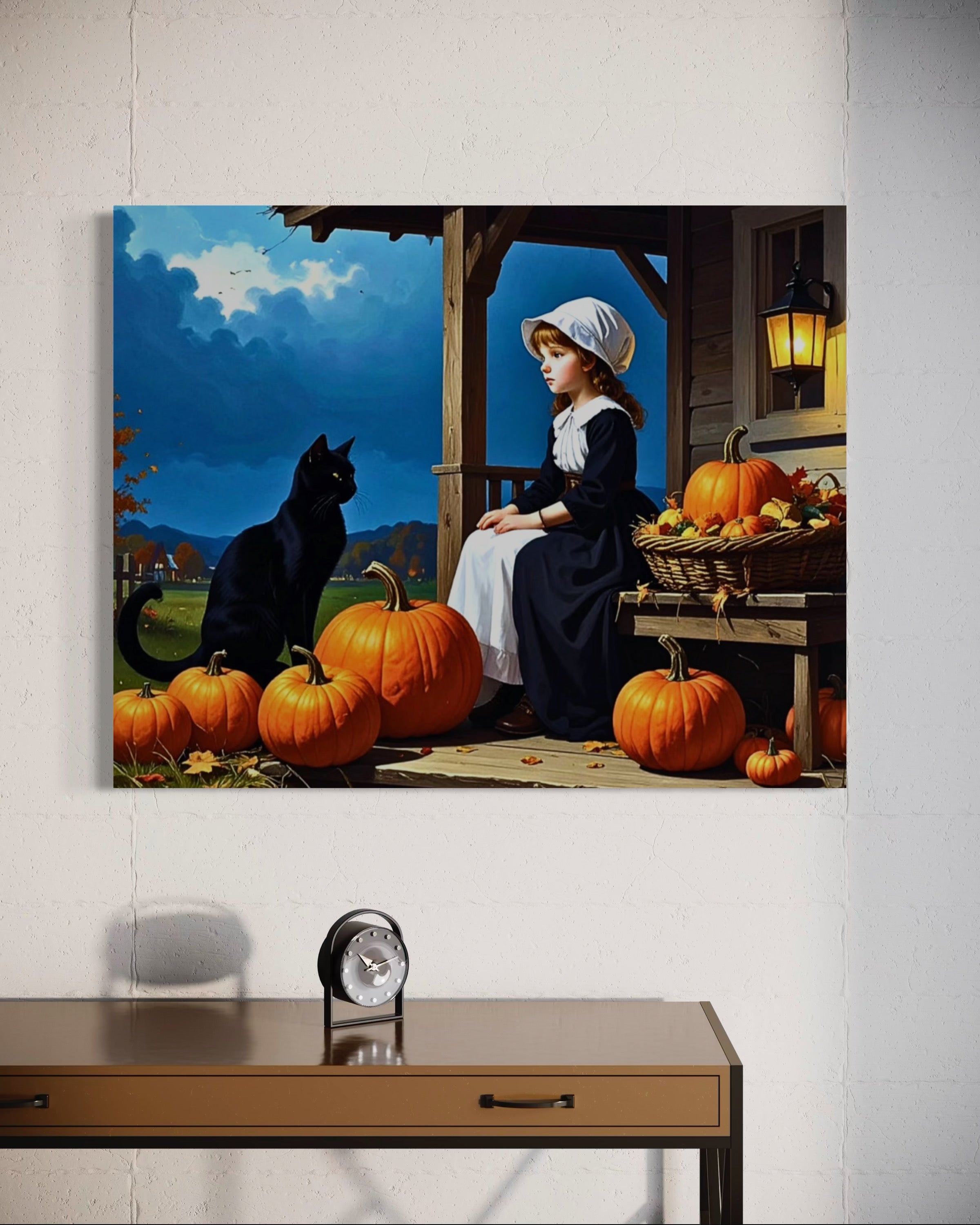 Little Pilgrim Girl with Cat and Pumpkins