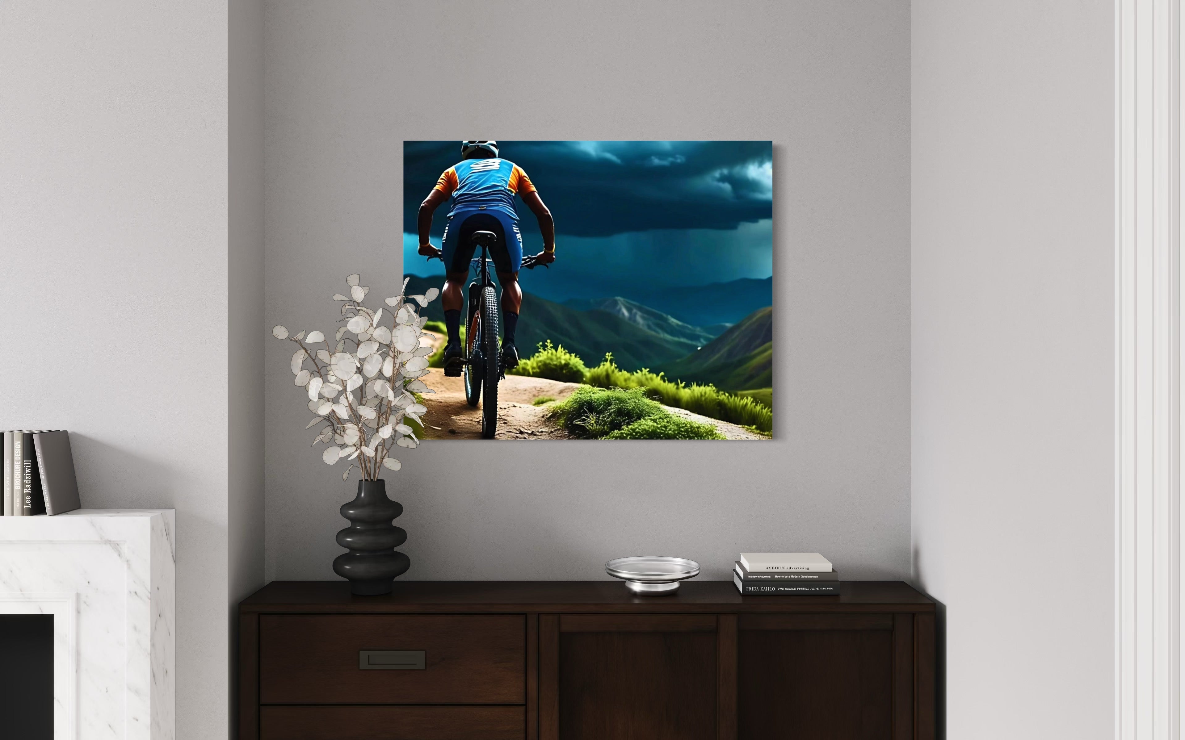 Men Mountain Biking into Rain Museum Print