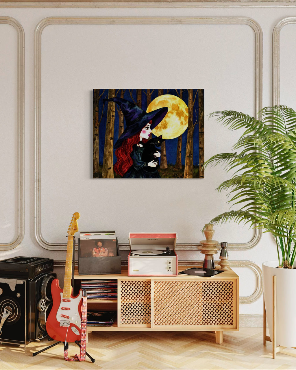 Red Witch with Cat in Moonlight