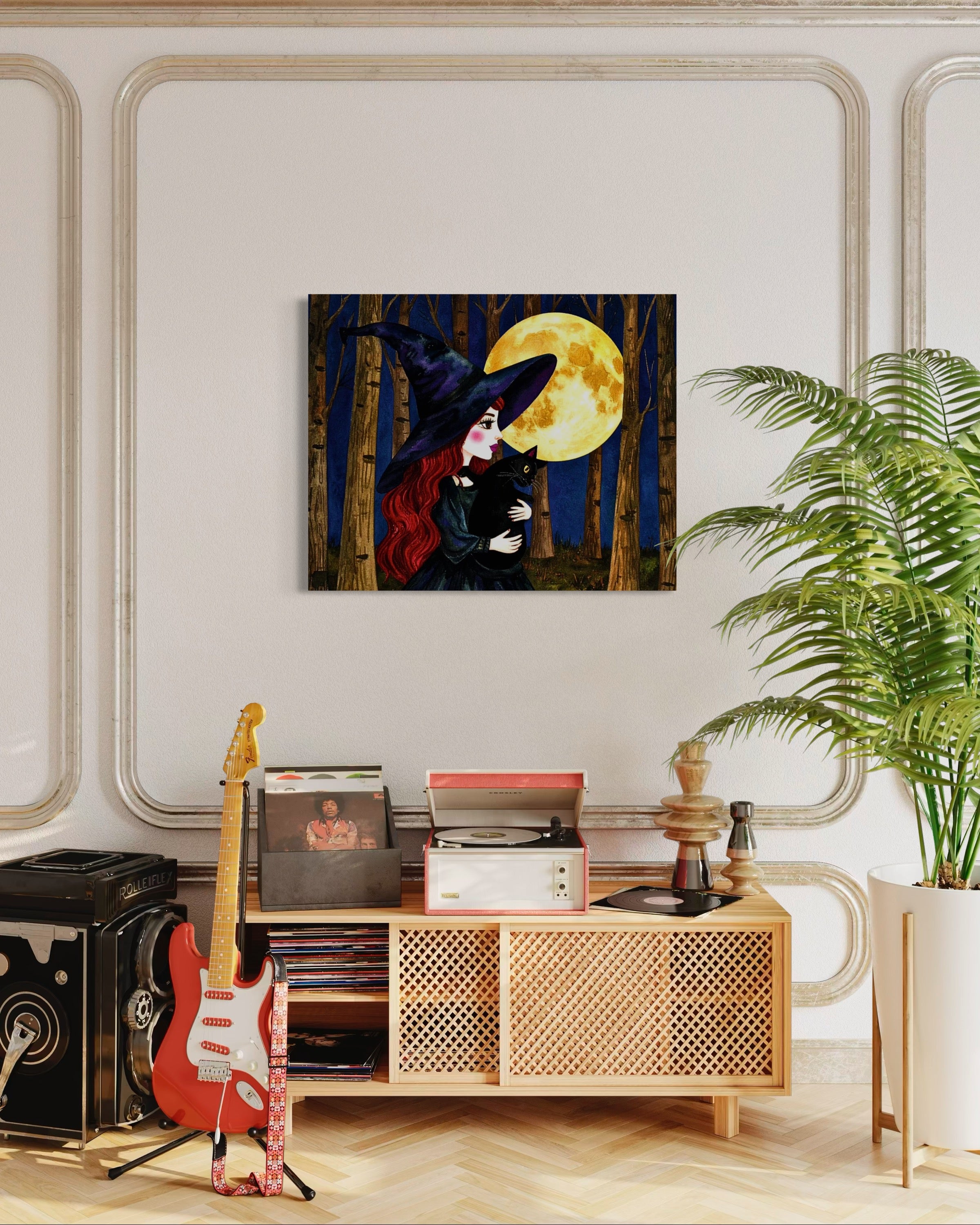 Red Witch with Cat in Moonlight