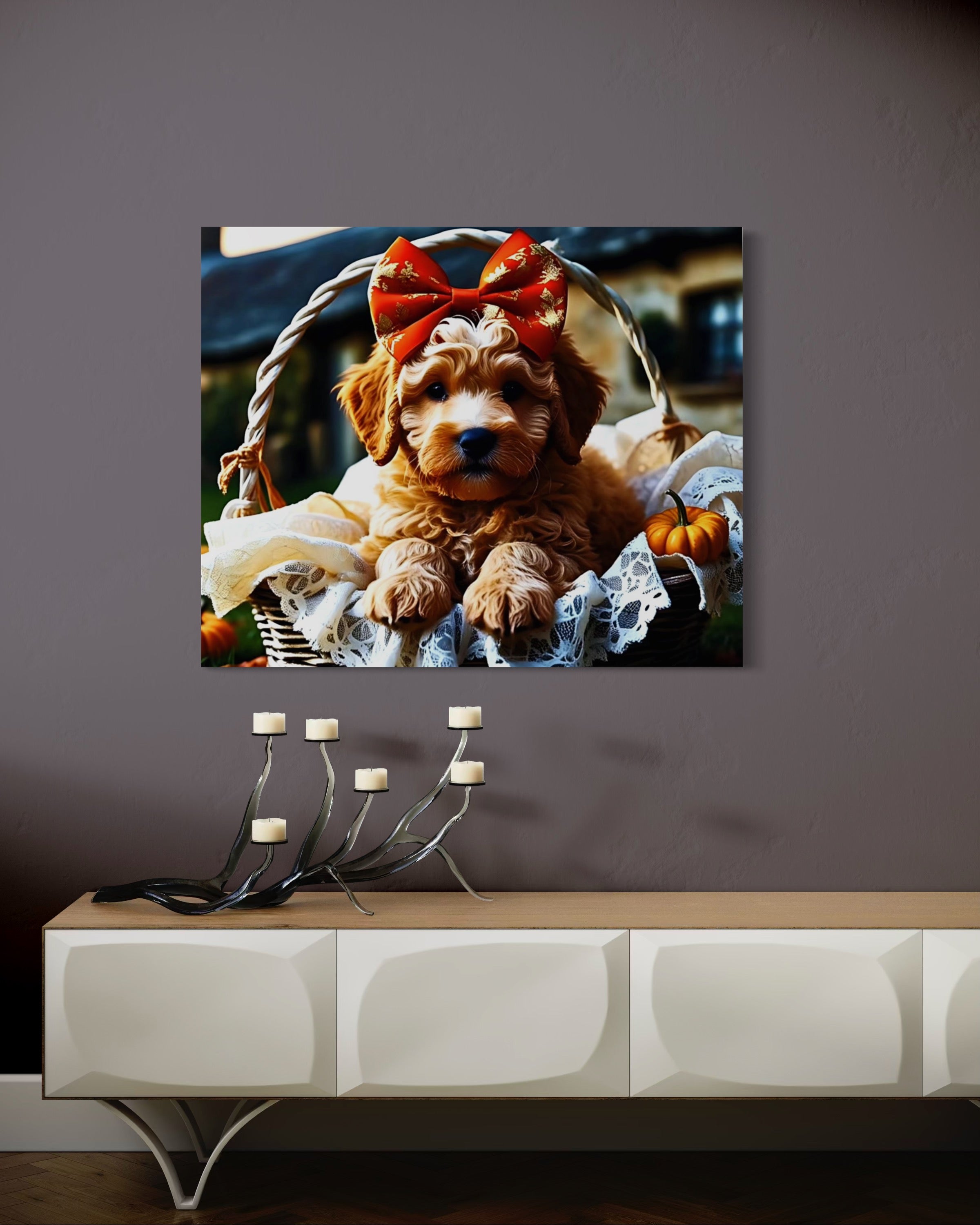 Autumn Goldendoodle Puppy with Bow in Basket