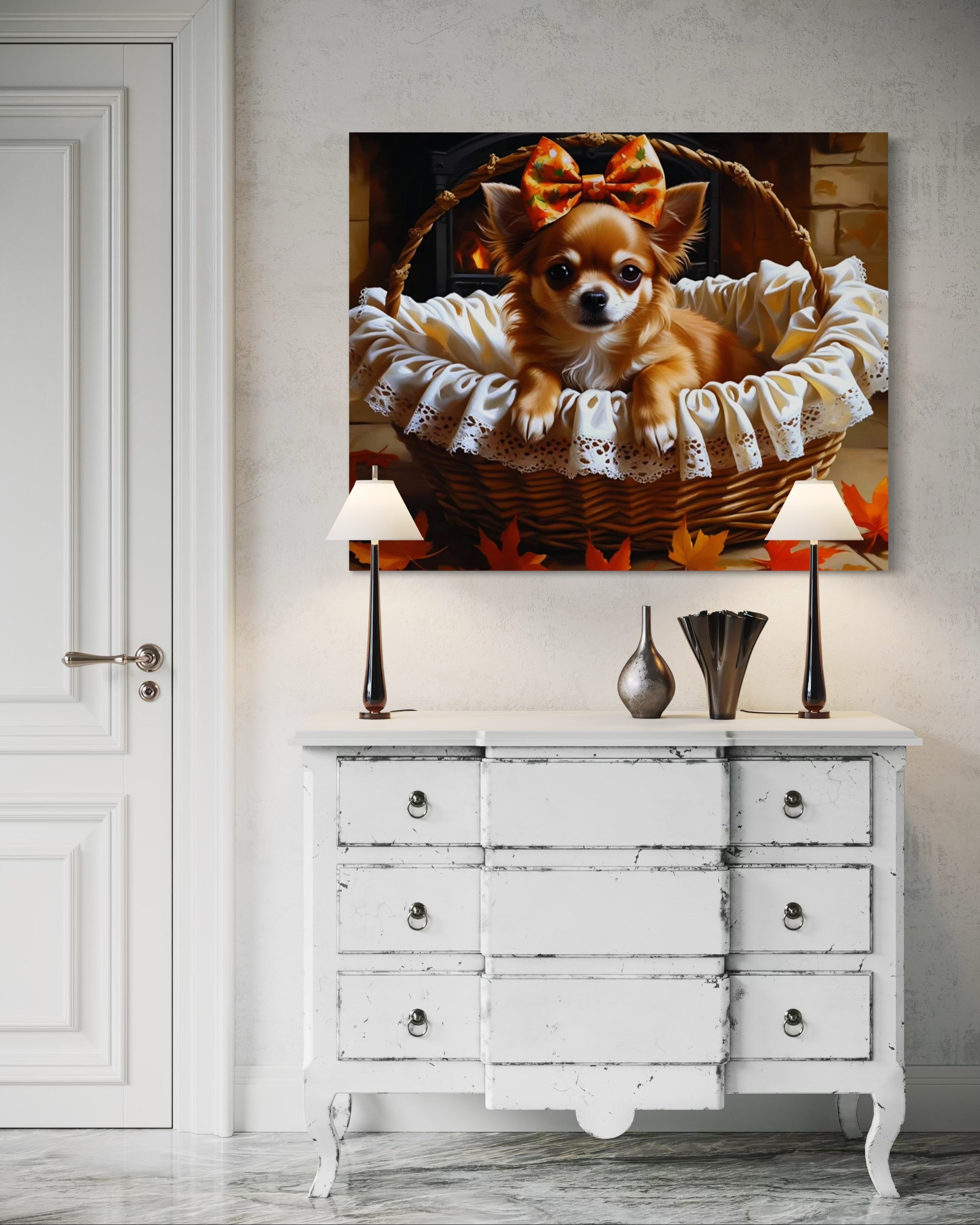 Autumn Chihuahua with Bow in Basket