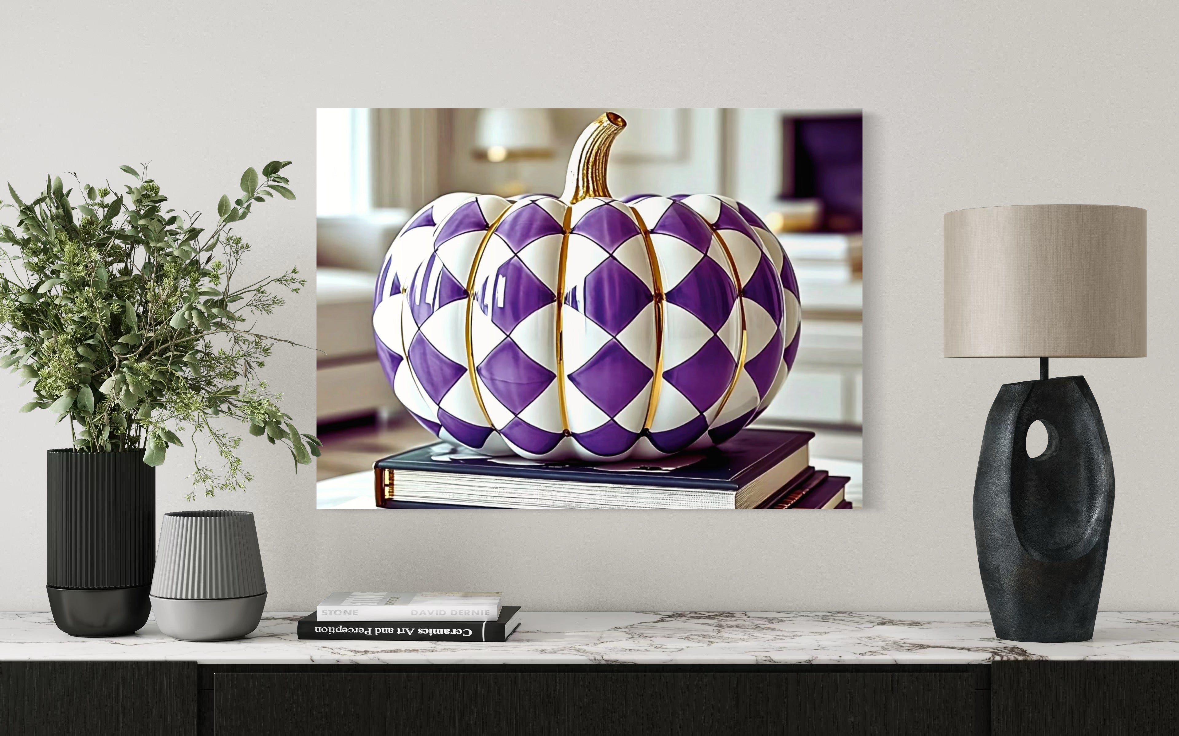 Purple and Gold Checkered Ceramic Pumpkin