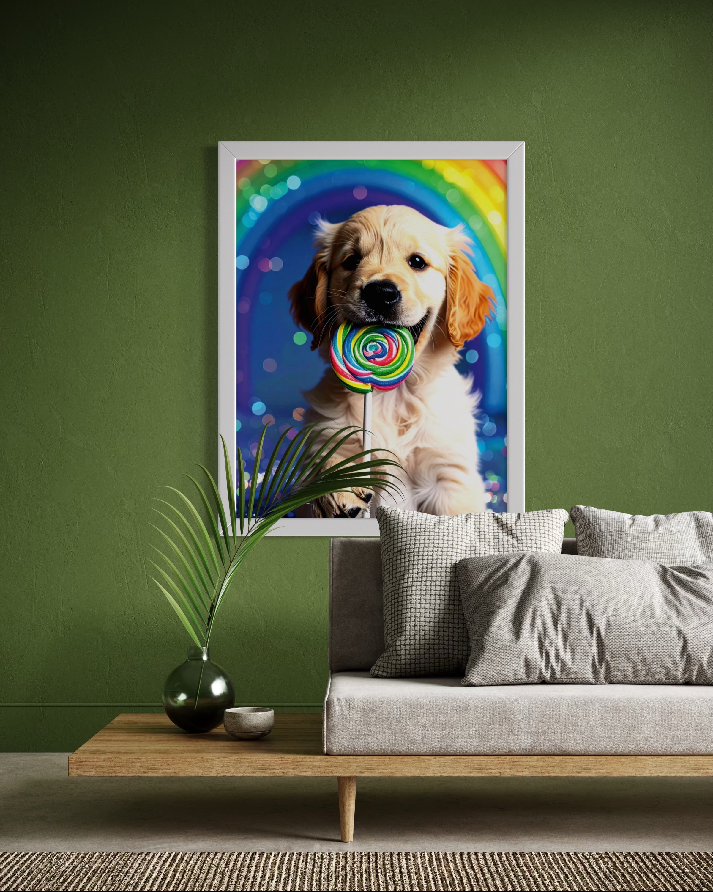 Golden Retriever Puppy with Rainbow Lollipop Museum Print