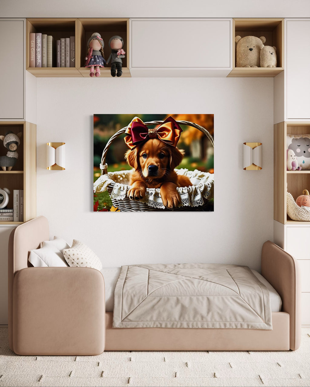 Autumn Golden Retriever Girl Puppy with a bow in a Basket