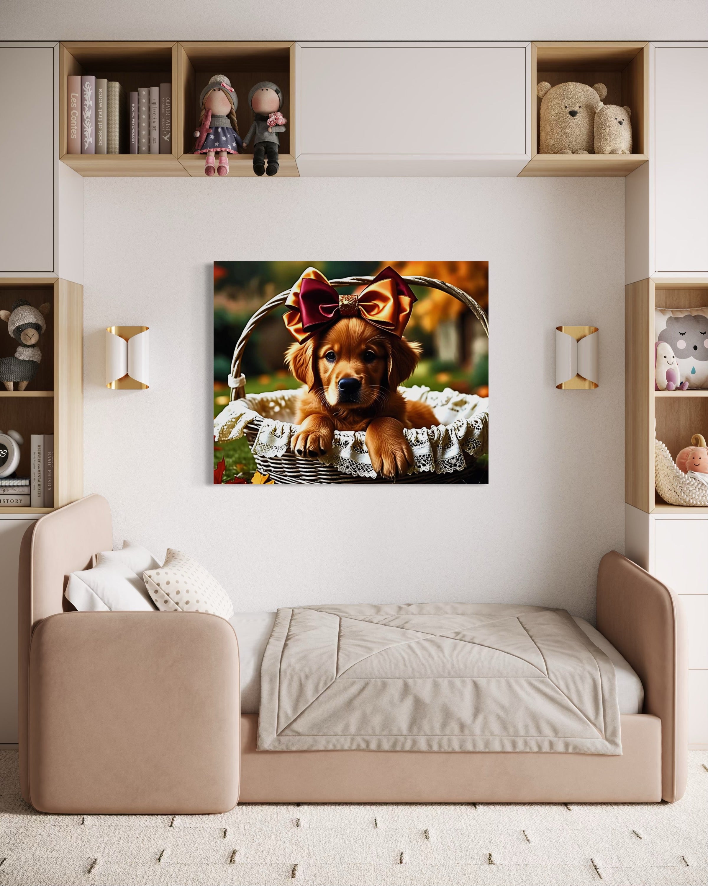 Autumn Golden Retriever Girl Puppy with a bow in a Basket
