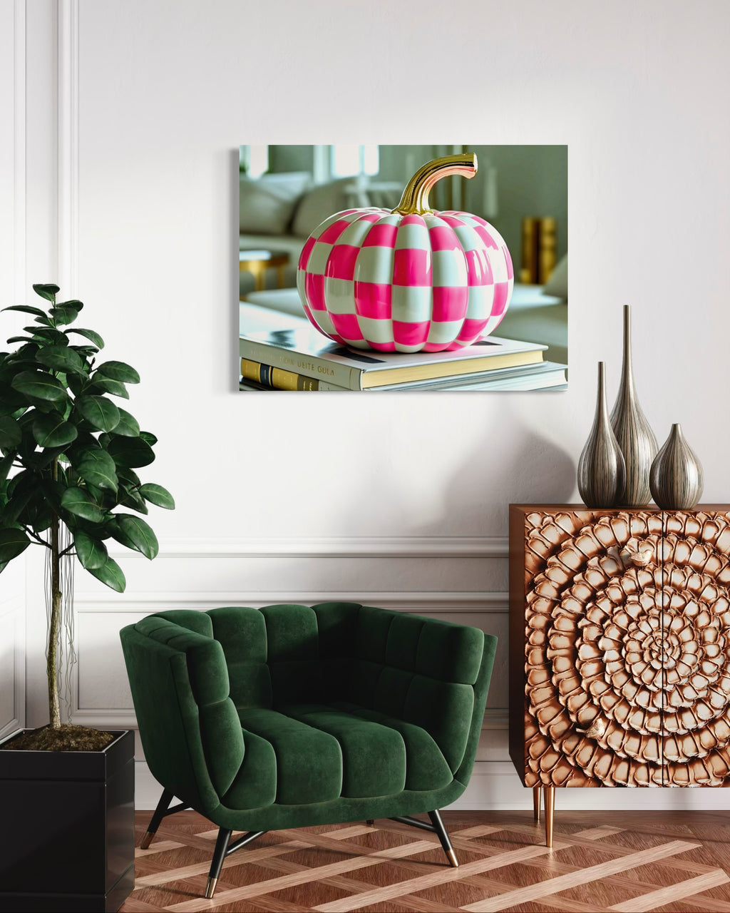 Pink and White Checkered Gold Stem Ceramic Pumpkin