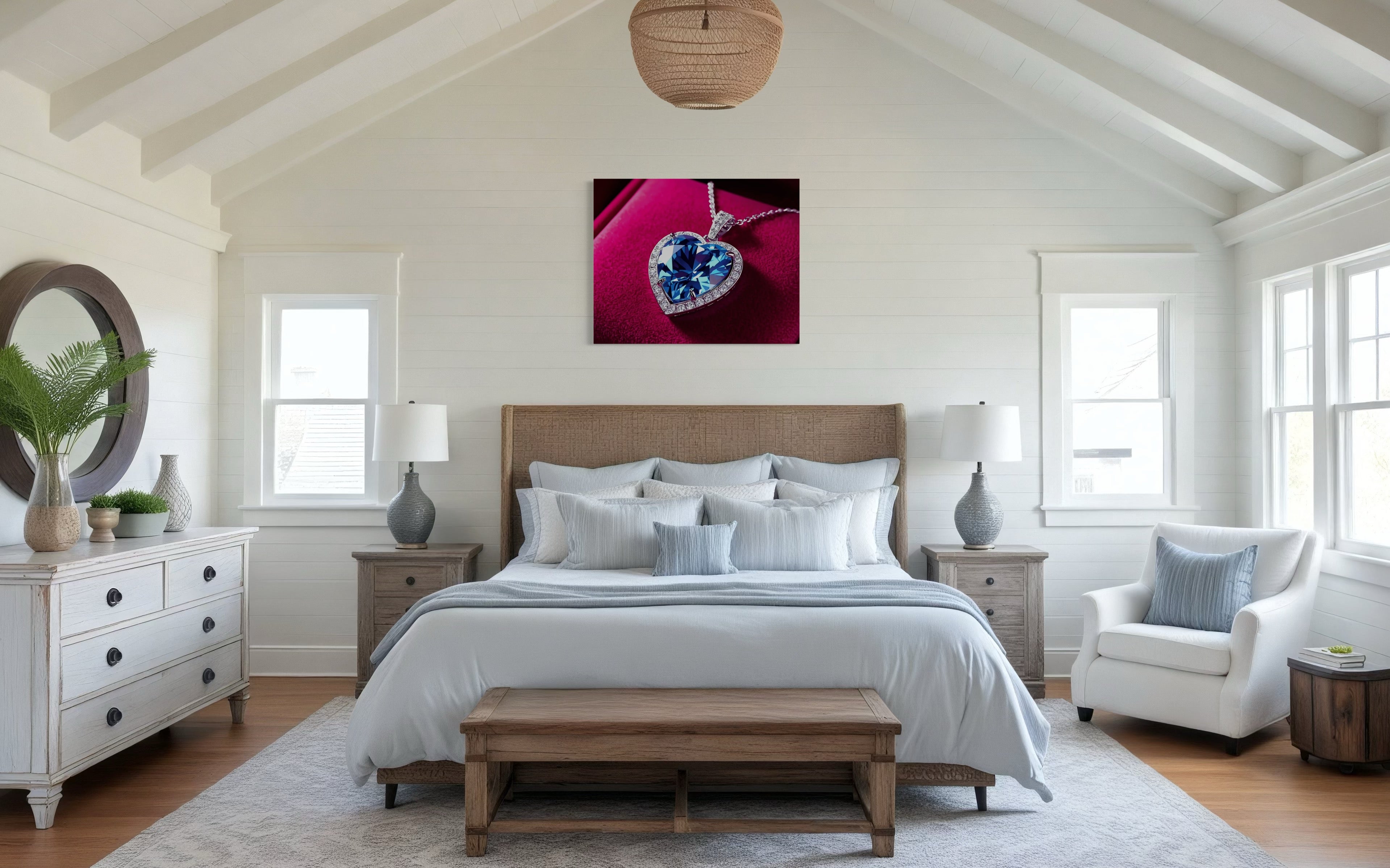 Blue Diamond Heart Necklace on Pink Velvet Museum Print