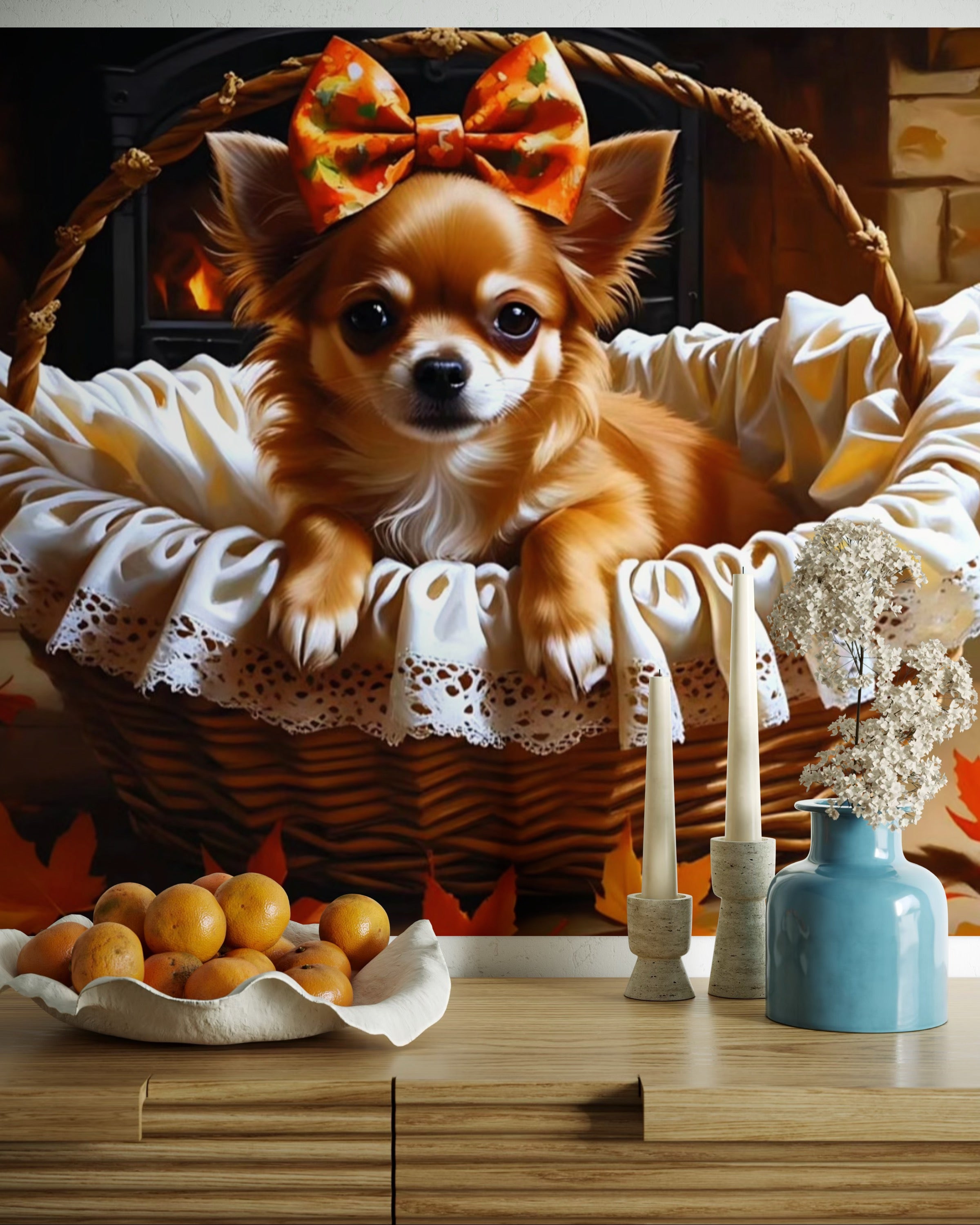 Autumn Chihuahua with Bow in Basket