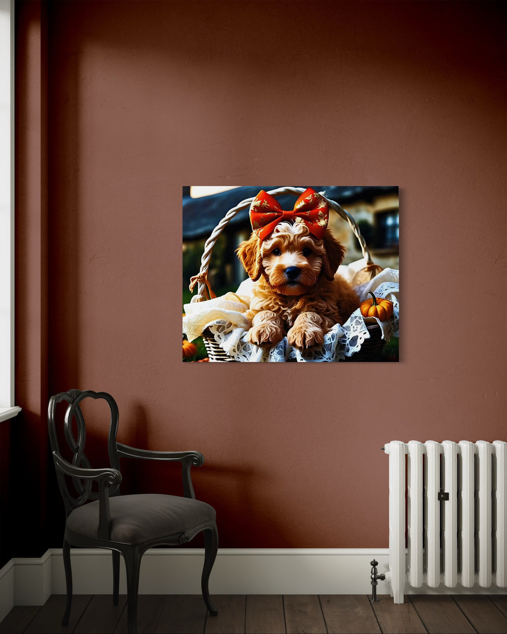 Autumn Goldendoodle Puppy with Bow in Basket