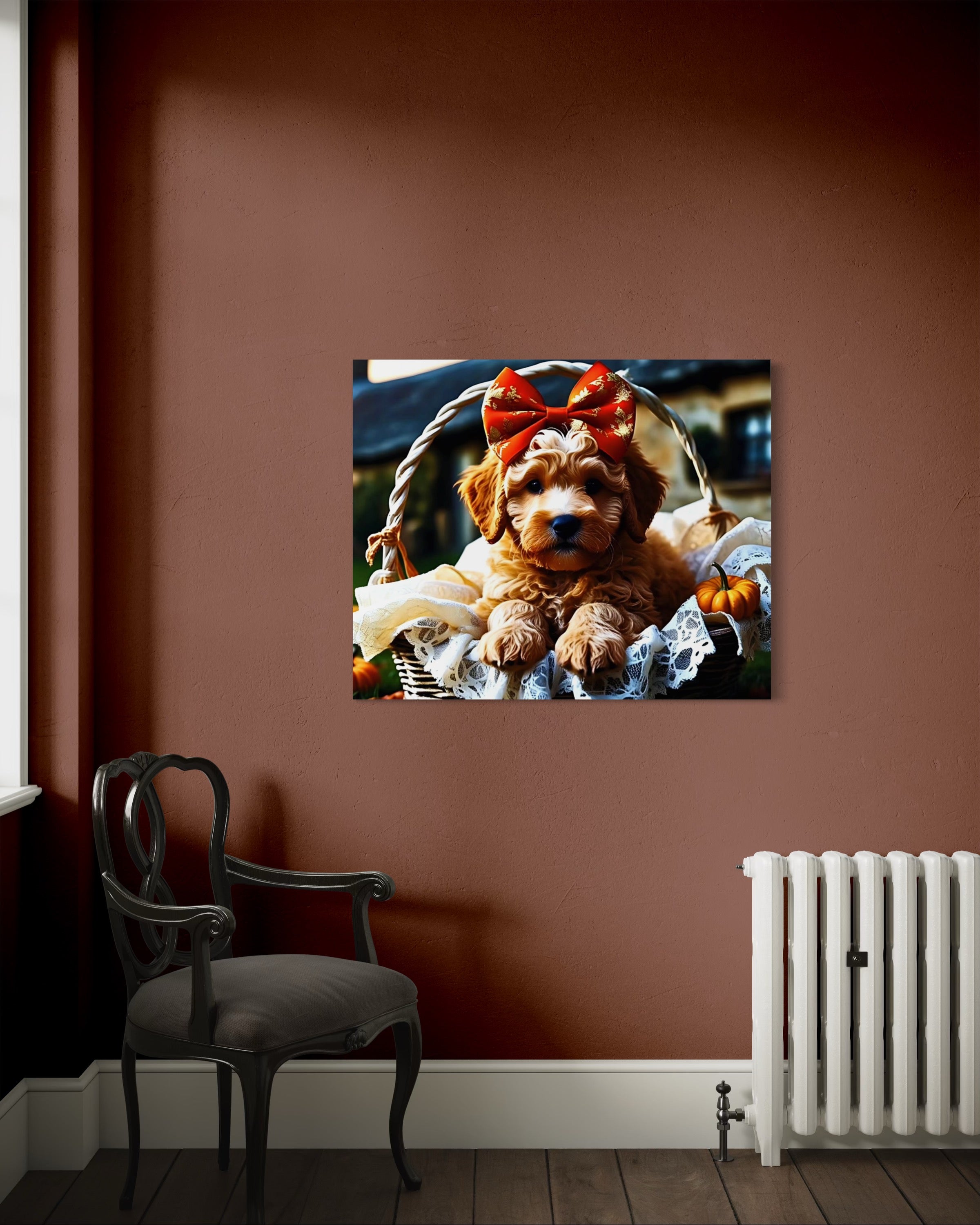Autumn Goldendoodle Puppy with Bow in Basket