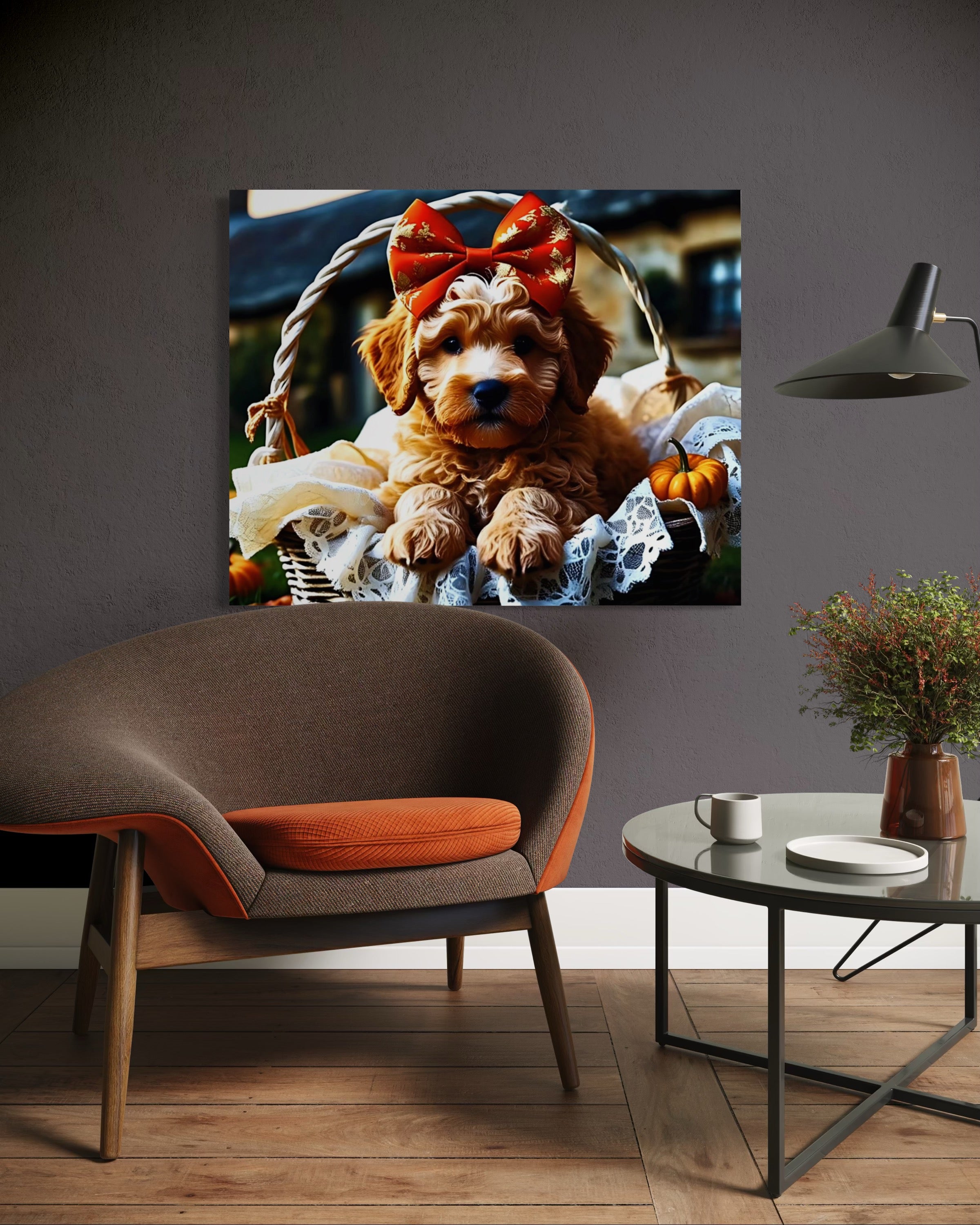 Autumn Goldendoodle Puppy with Bow in Basket