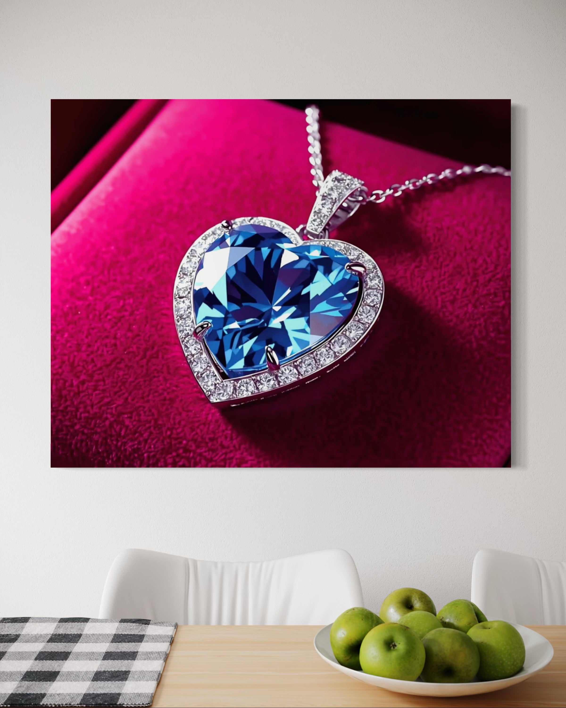 Blue Diamond Heart Necklace on Pink Velvet Museum Print
