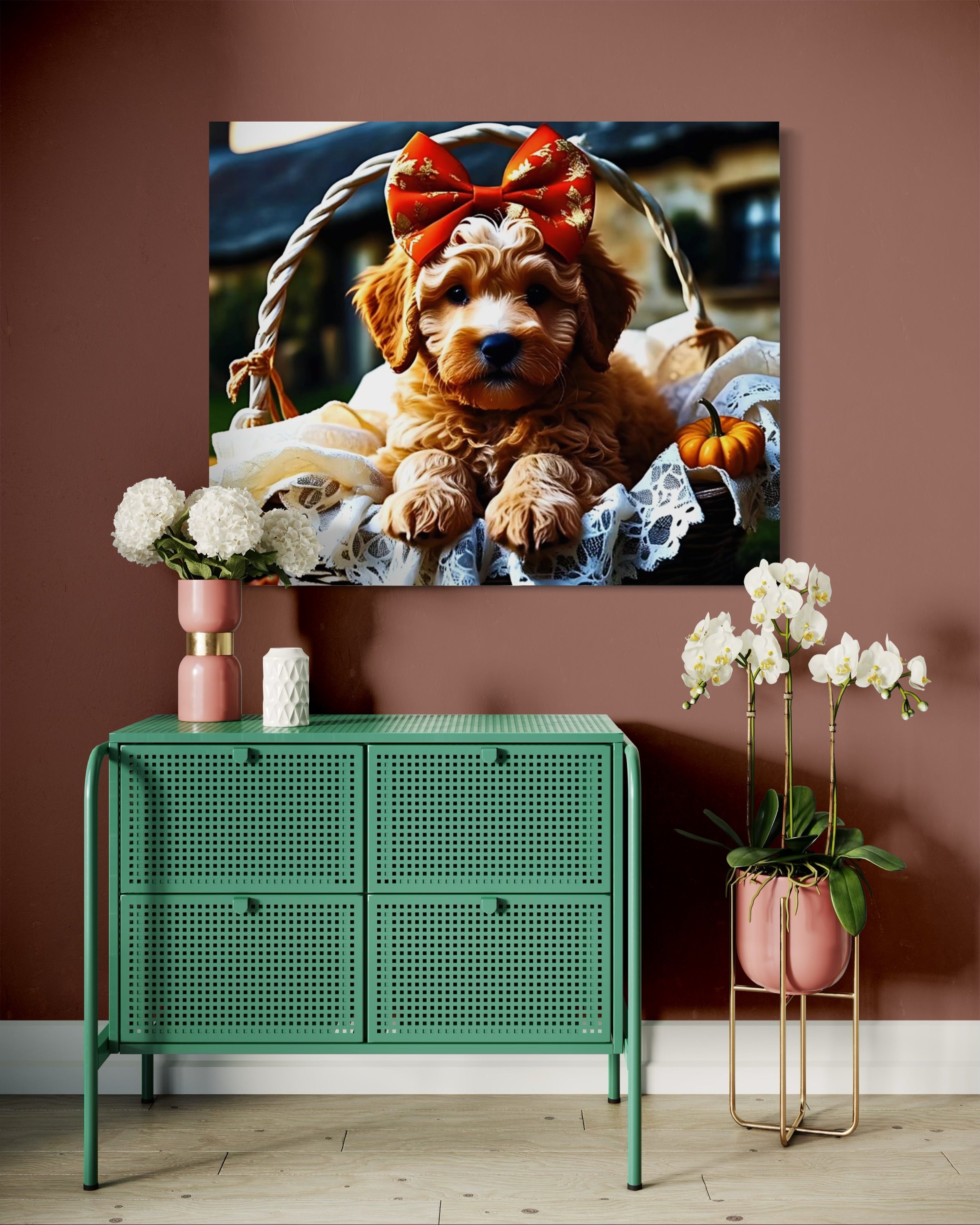 Autumn Goldendoodle Puppy with Bow in Basket
