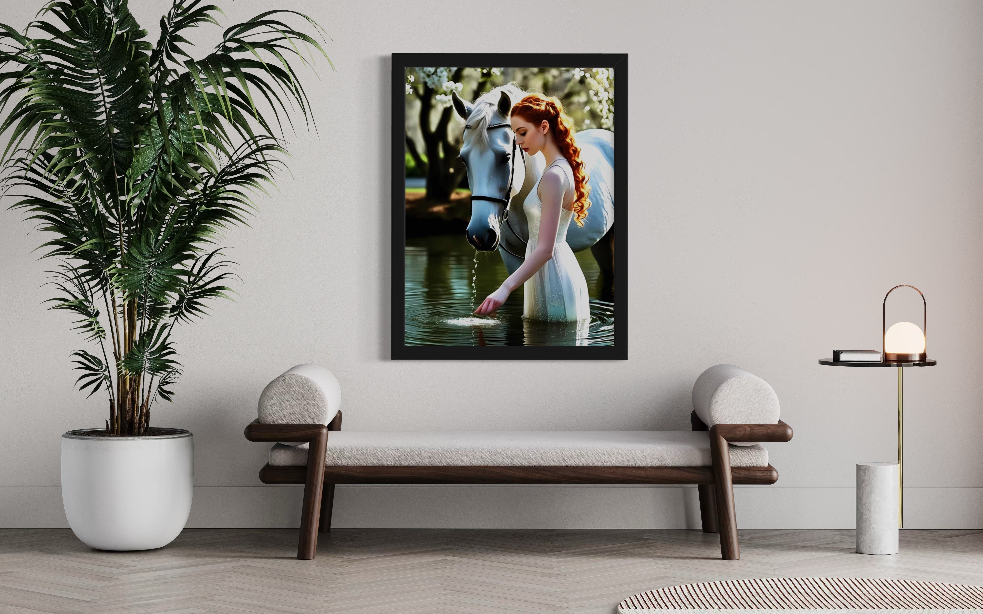 Red Head and White Horse in Tranquil Pond