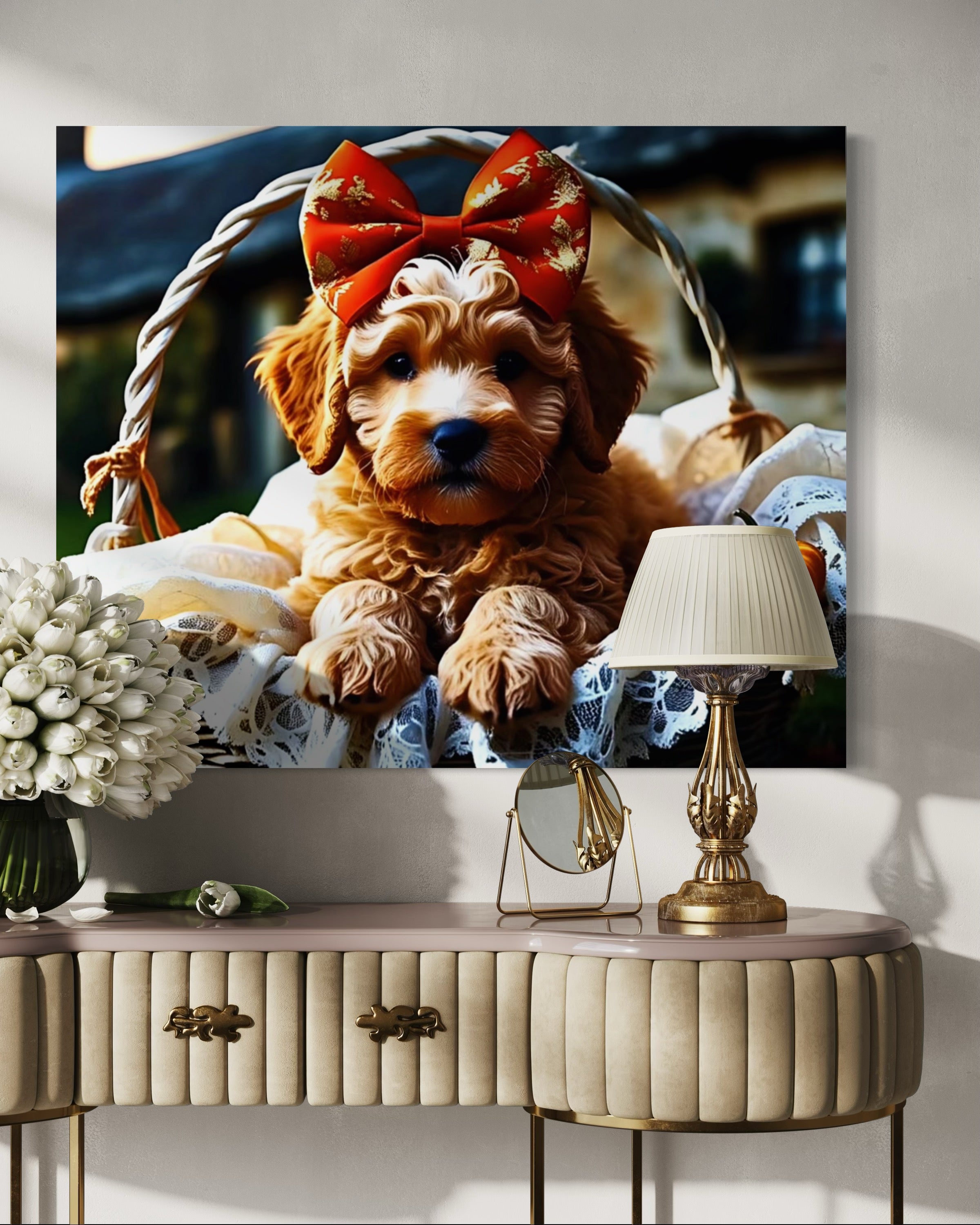Autumn Goldendoodle Puppy with Bow in Basket