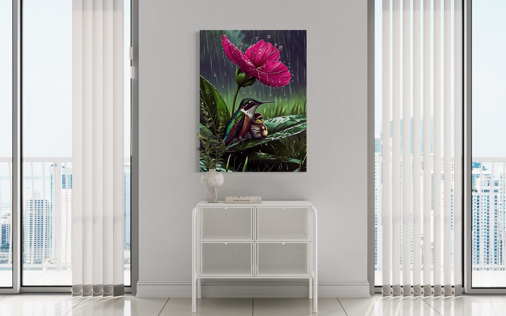 Hummingbirds in the Rain under a Flower