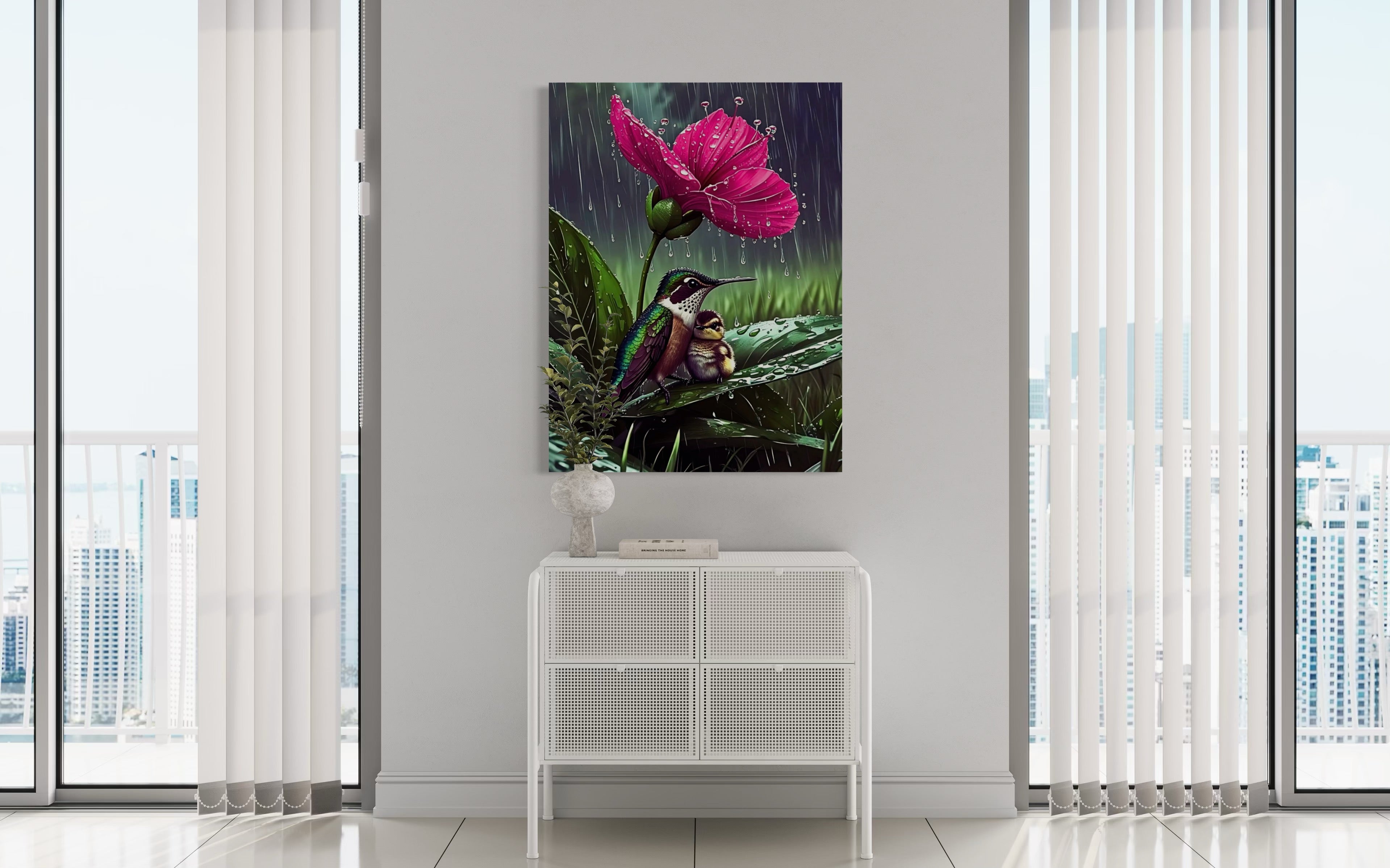 Hummingbirds in the Rain under a Flower