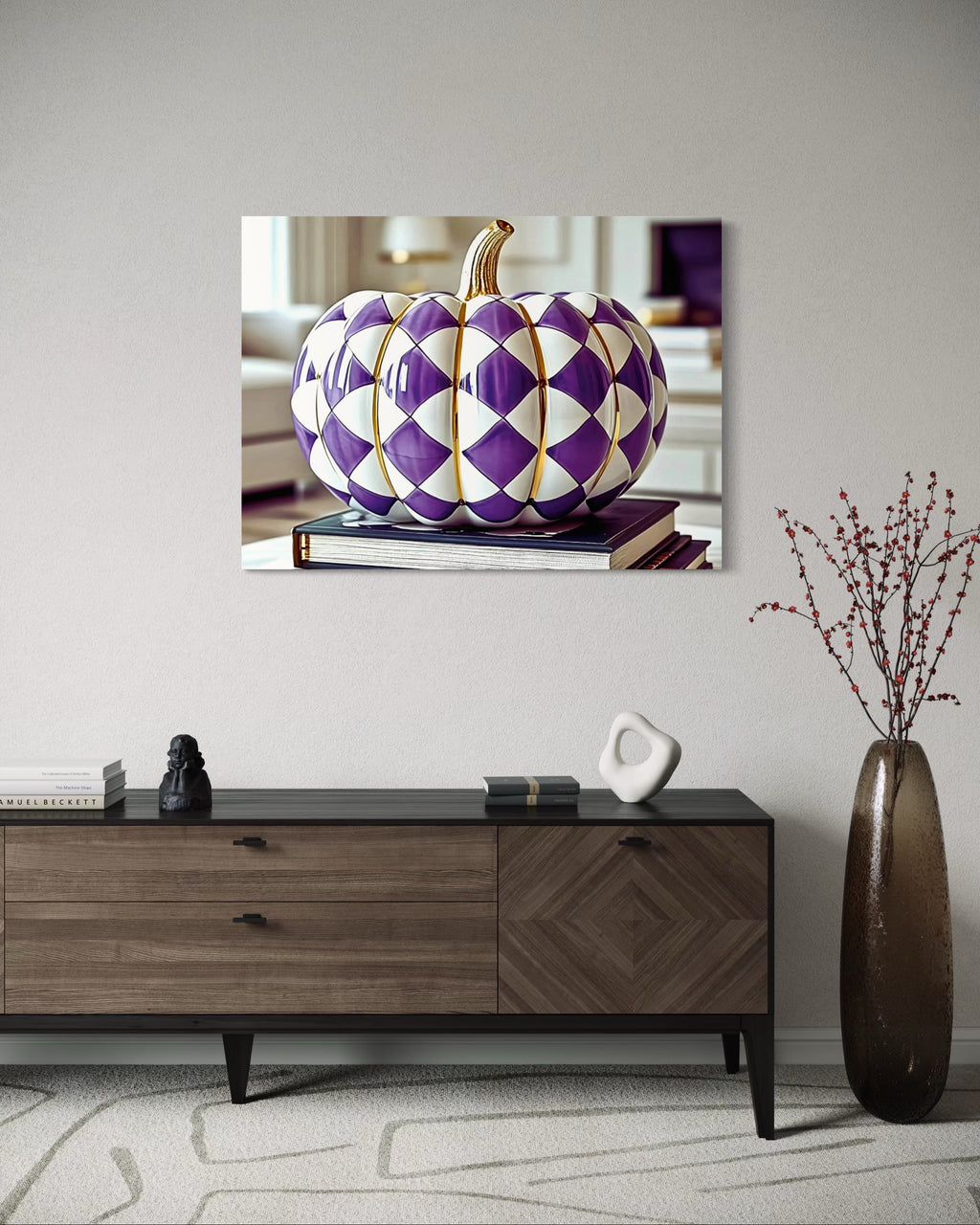 Purple and Gold Checkered Ceramic Pumpkin