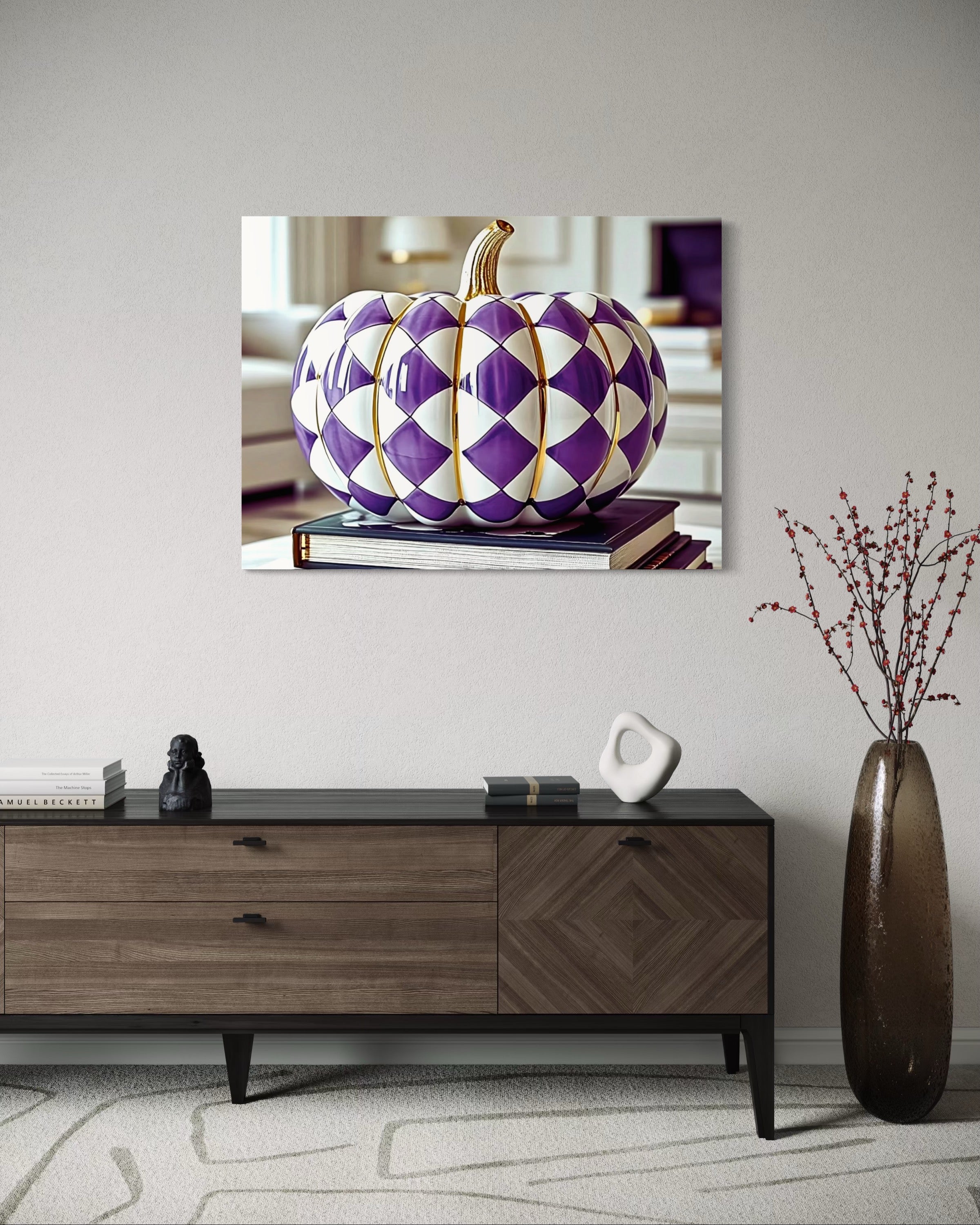 Purple and Gold Checkered Ceramic Pumpkin