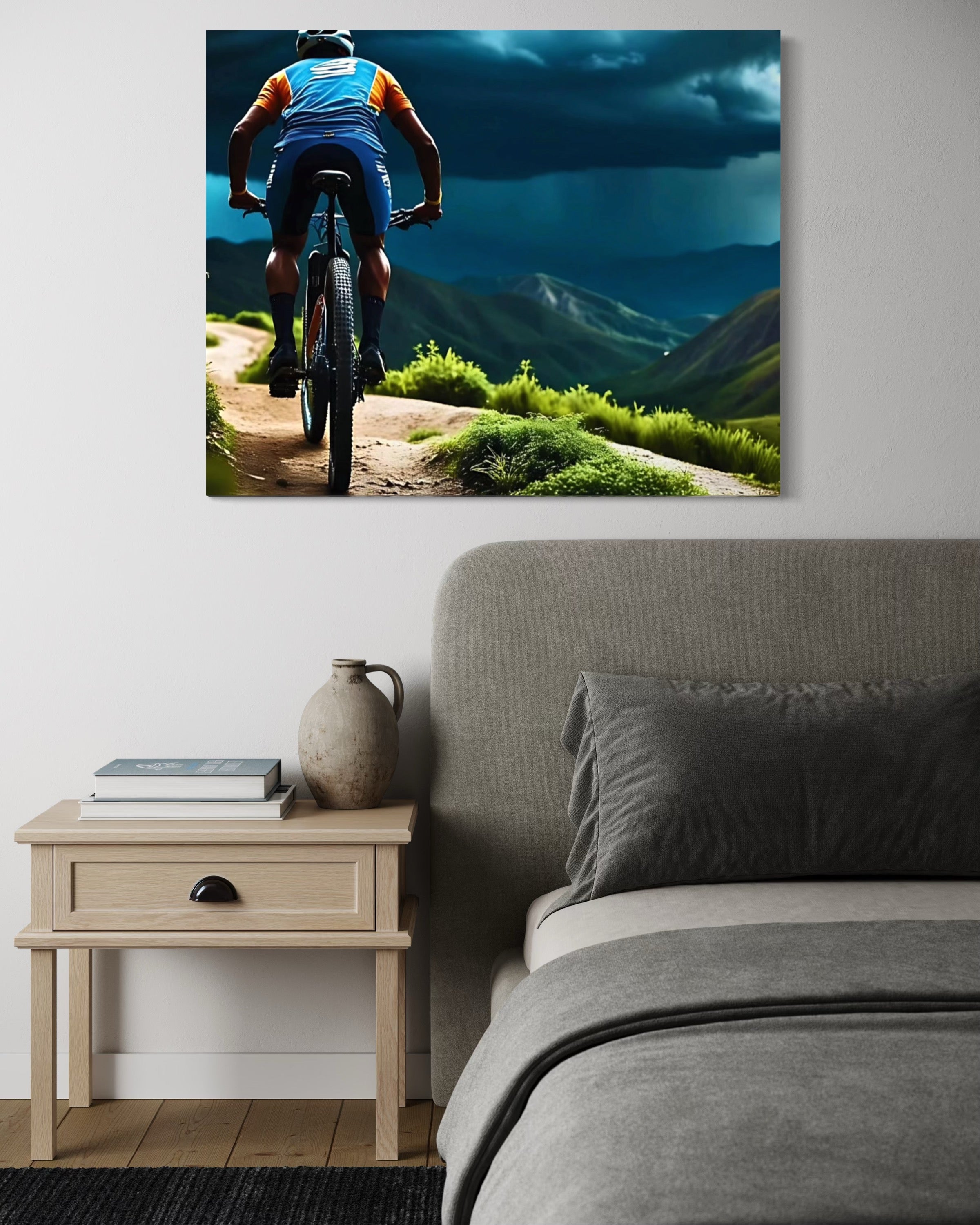 Men Mountain Biking into Rain Museum Print