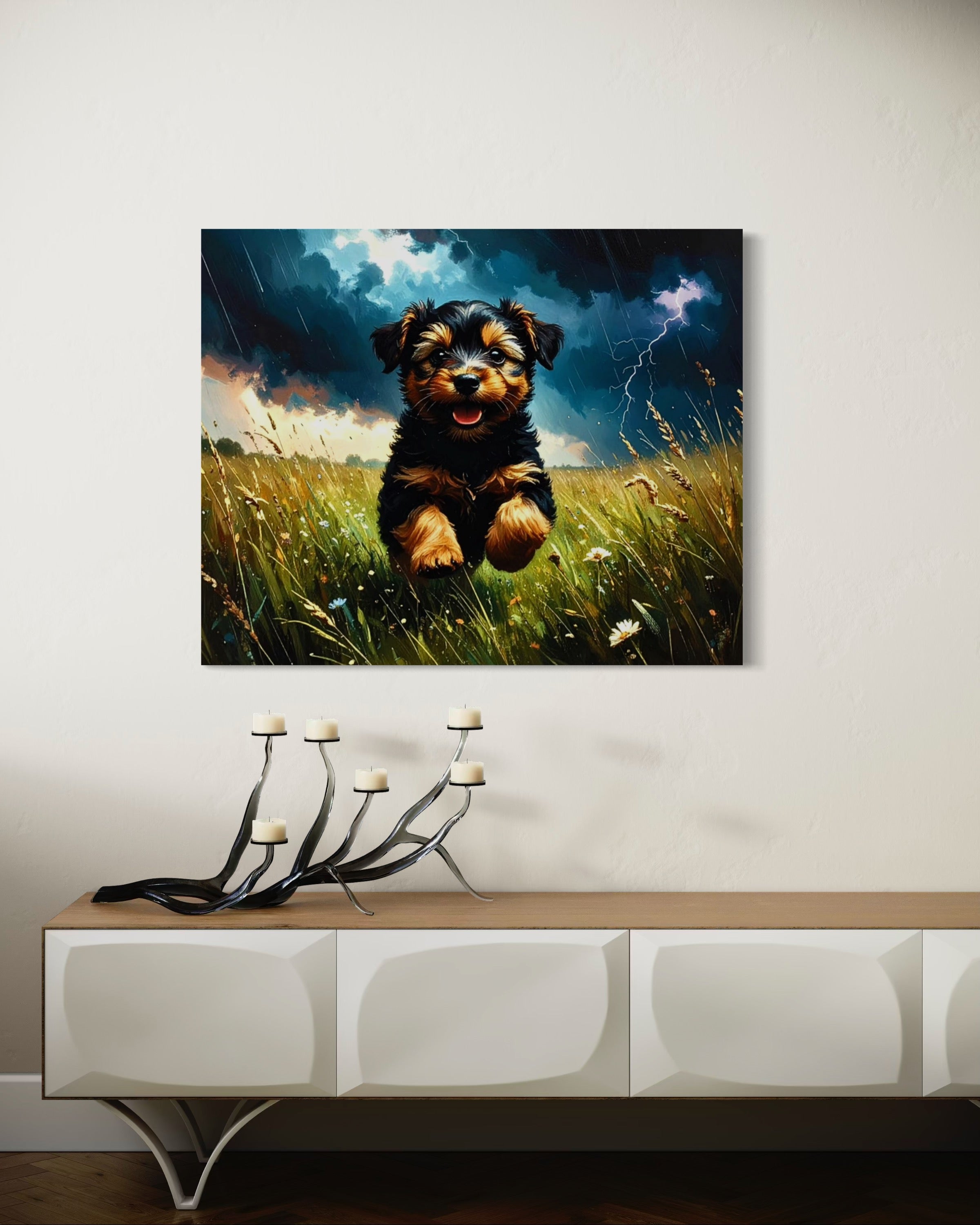 Yorkie in a Stormy Meadow