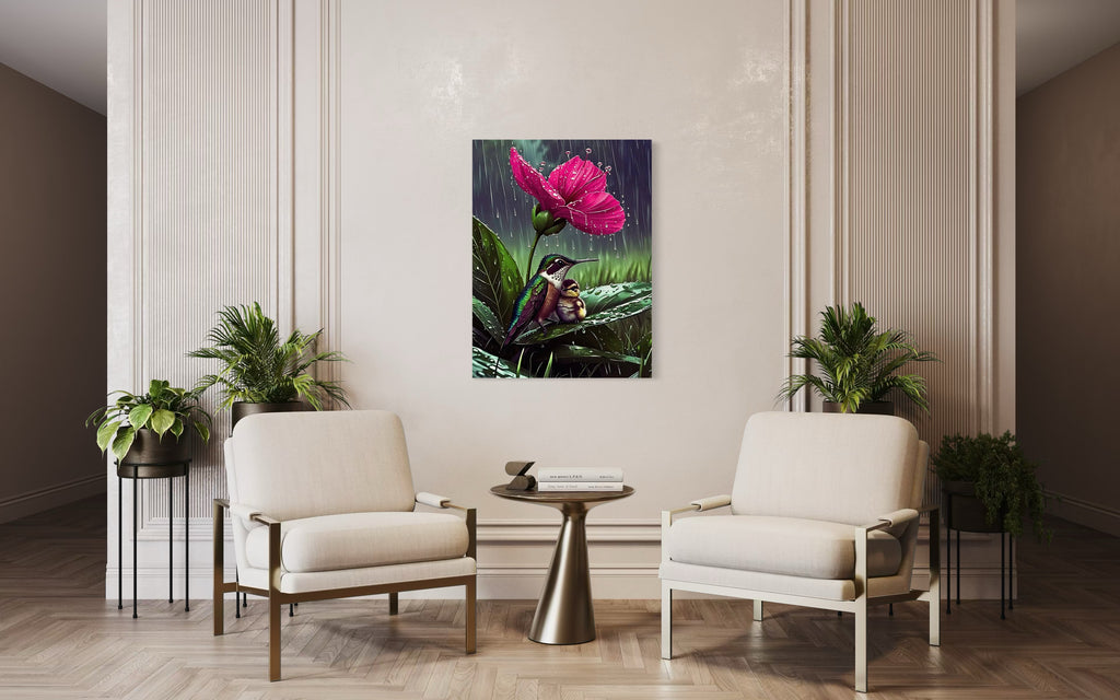 Hummingbirds in the Rain under a Flower