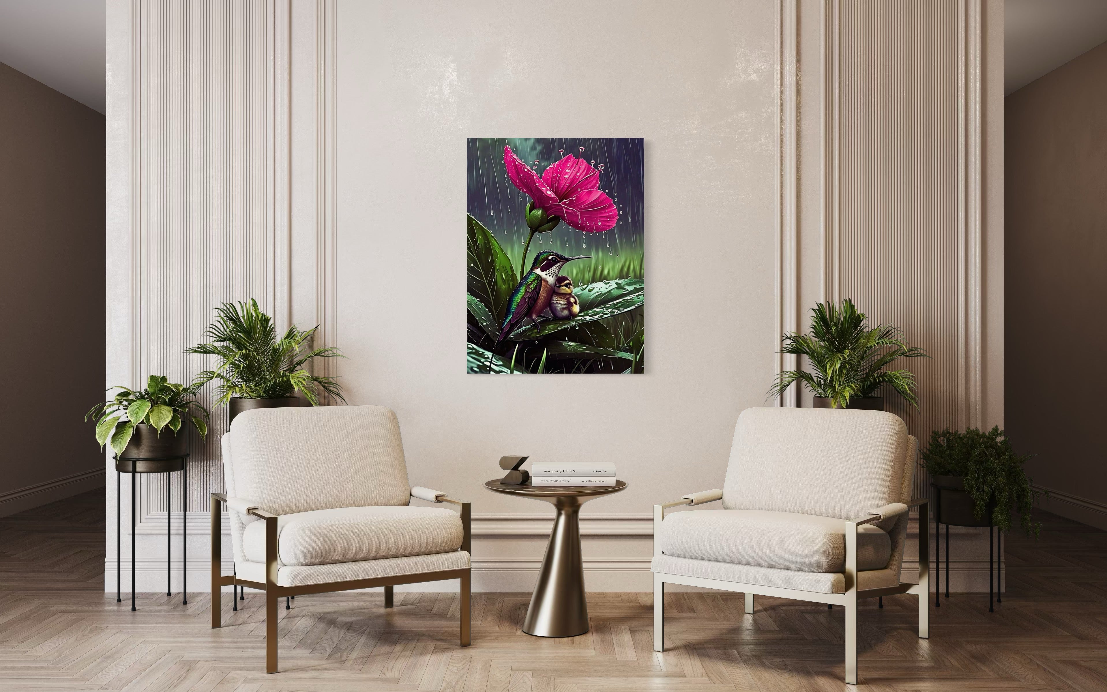 Hummingbirds in the Rain under a Flower