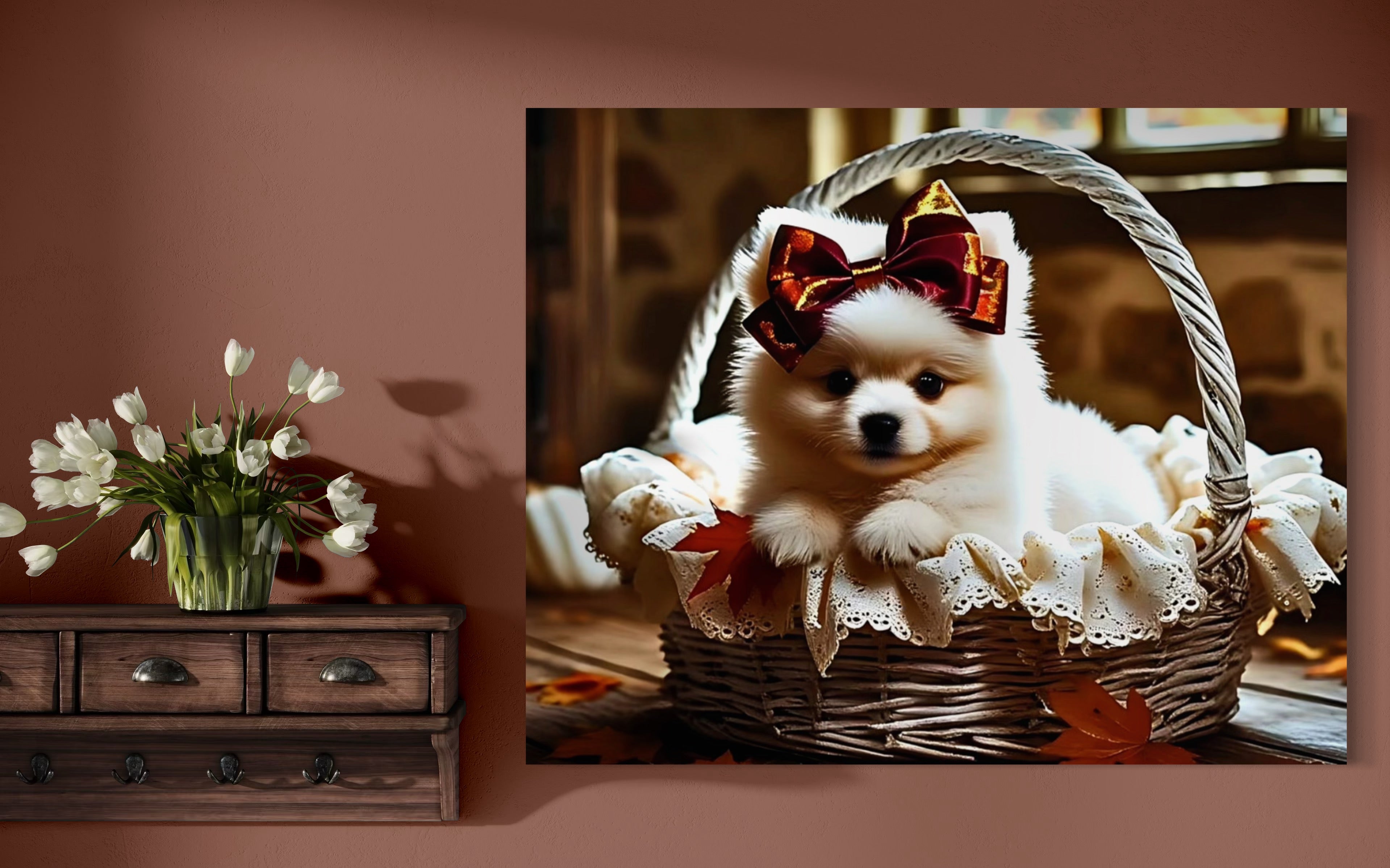 Autumn Pomeranian Puppy Girl with Bow in Basket