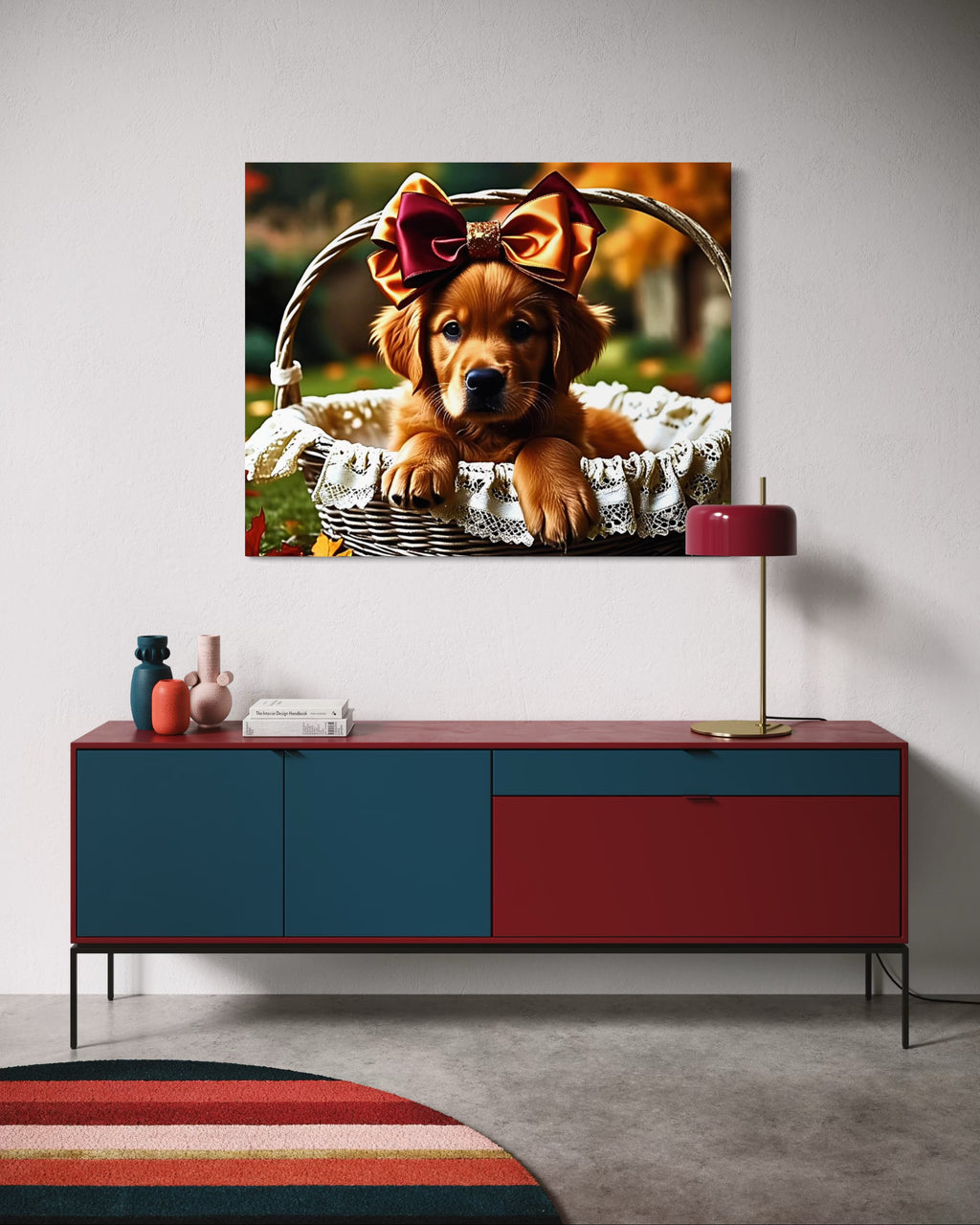 Autumn Golden Retriever Girl Puppy with a bow in a Basket