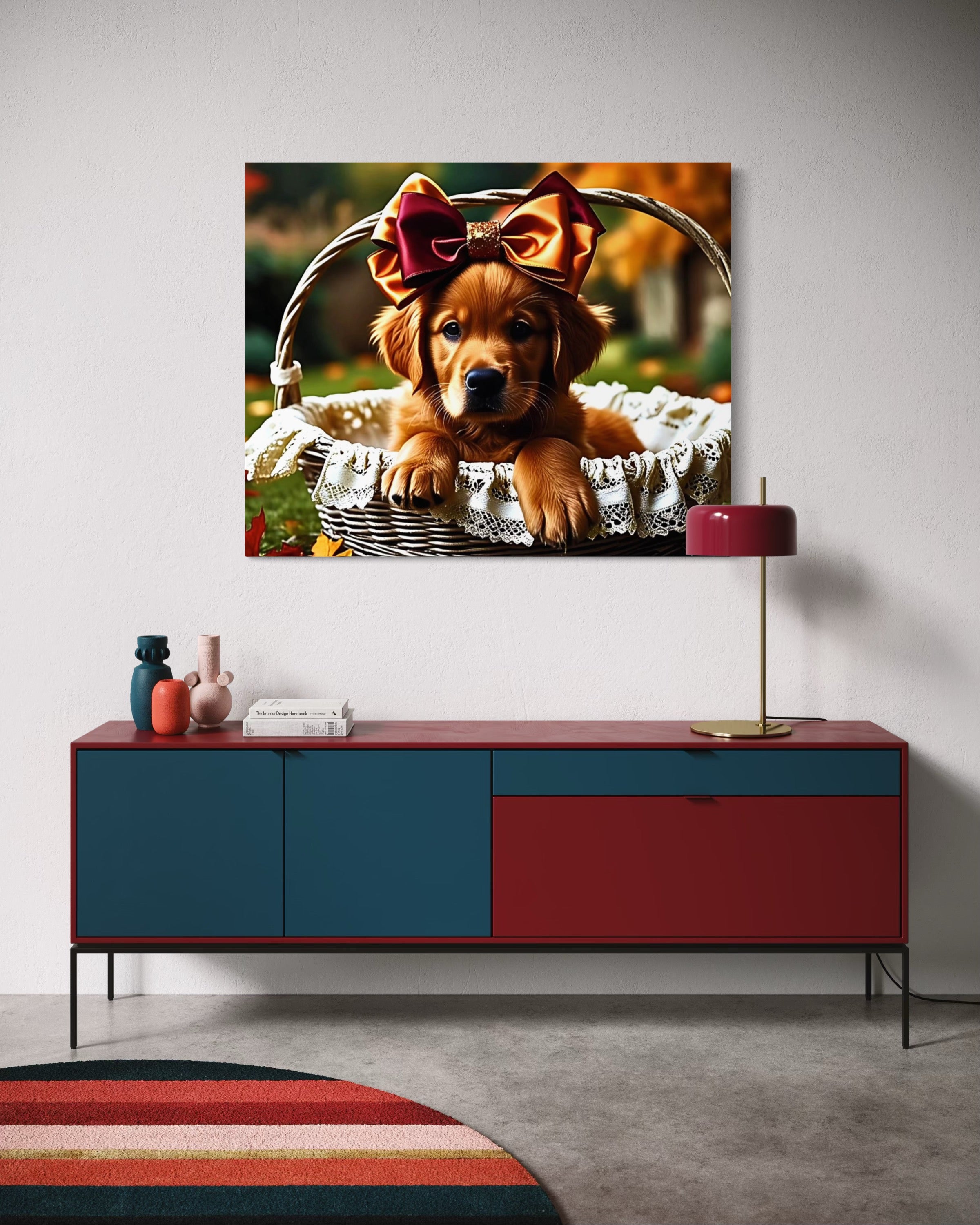 Autumn Golden Retriever Girl Puppy with a bow in a Basket