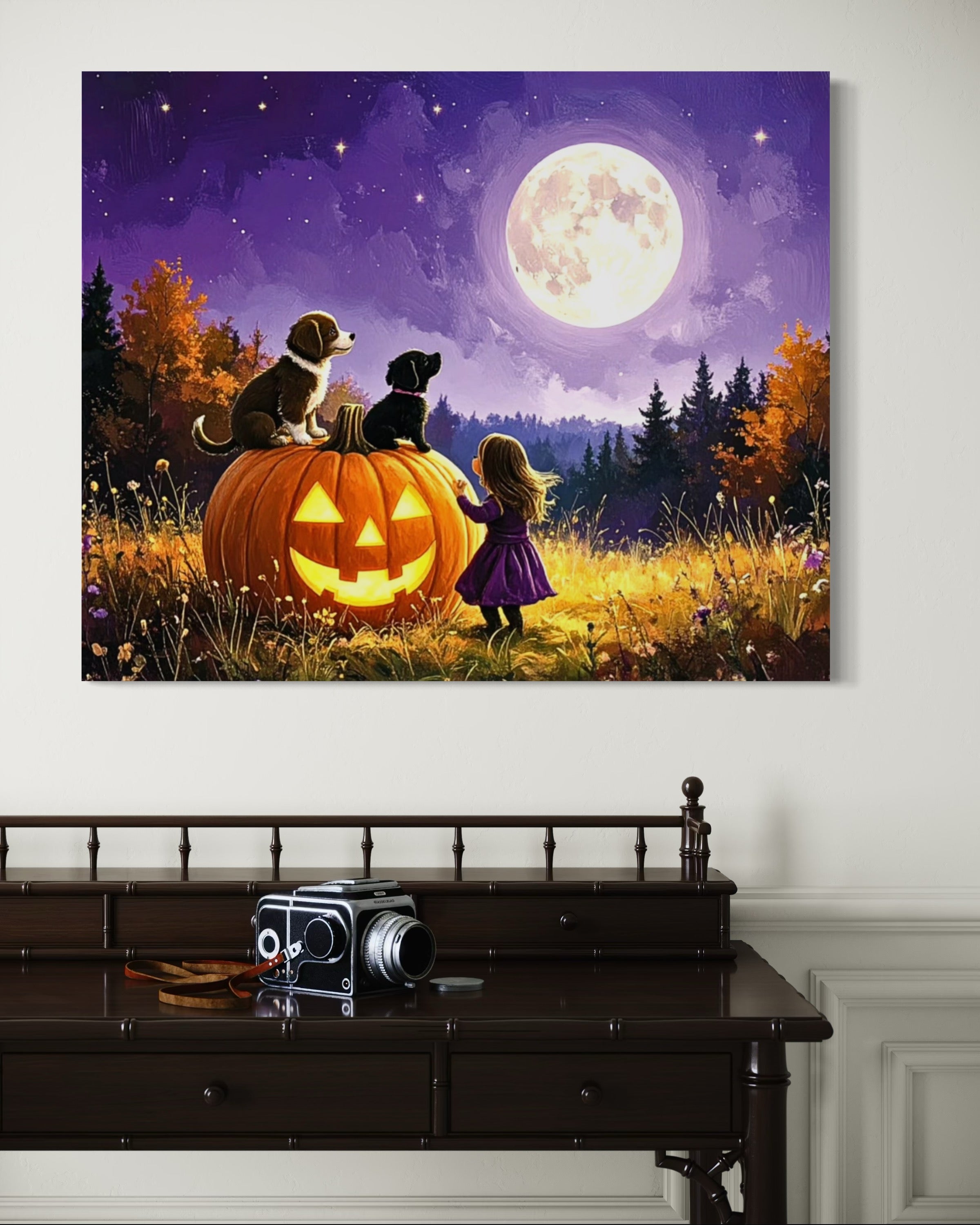 Little Girl and Puppies in the Moonlight