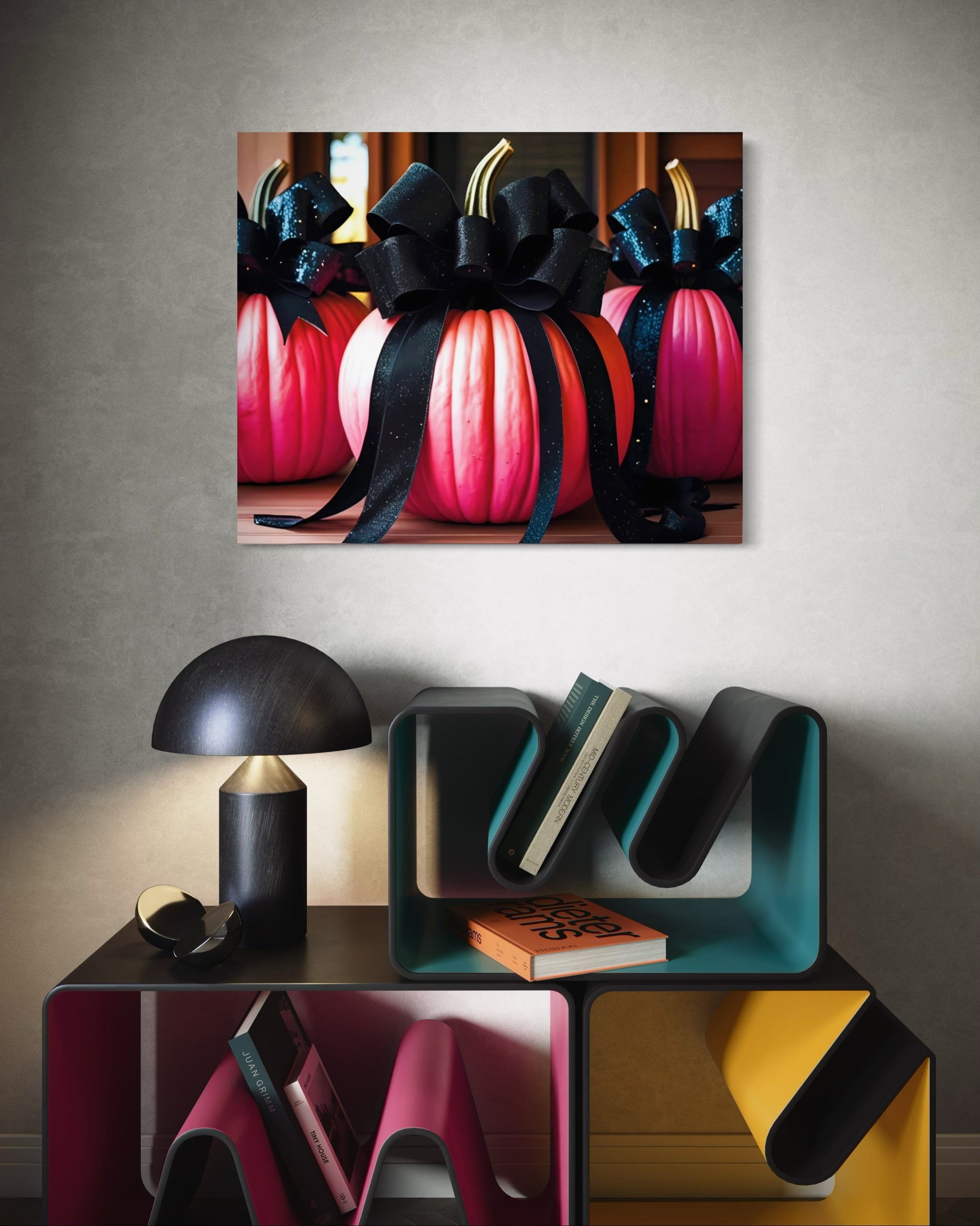Pink Porch Pumpkins with Black Glittering and Velvet Bows