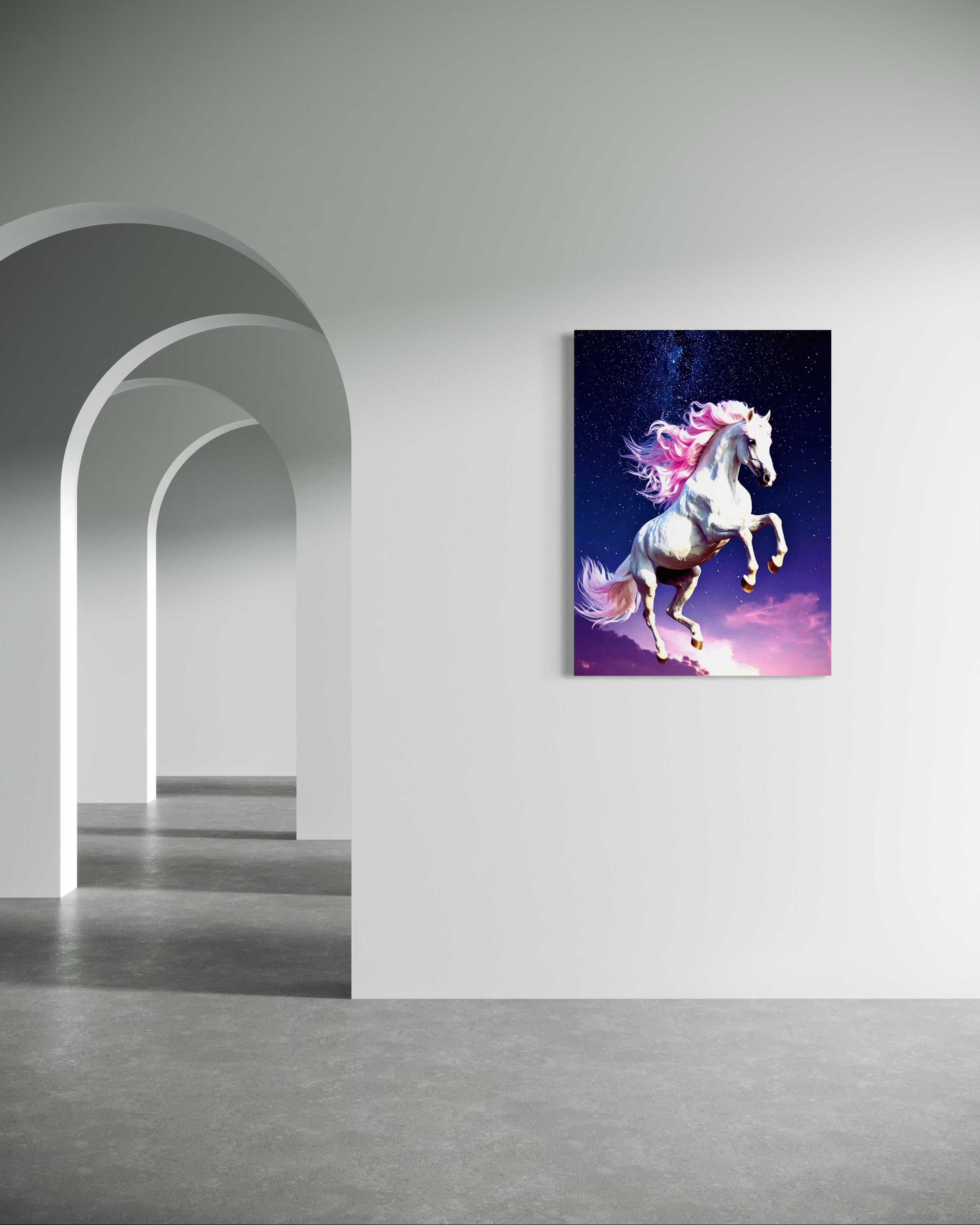 Jumping White Horse with Pink Hair