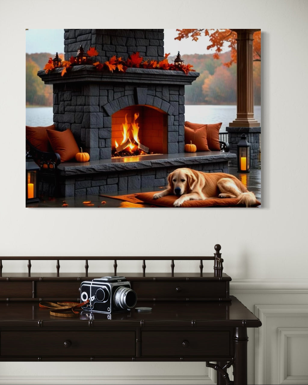 Fall fireplace on the Lake in the Rain