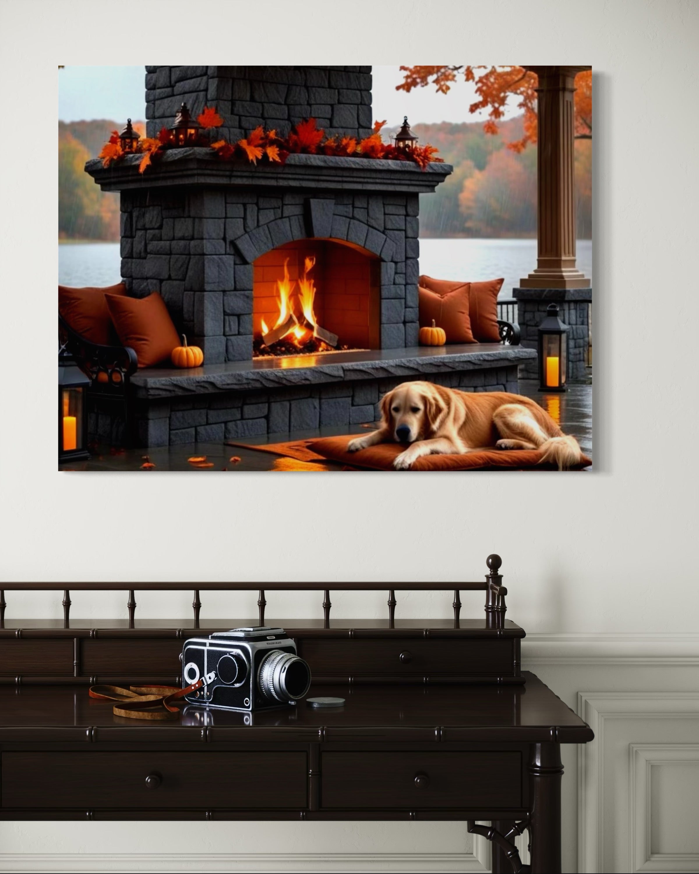 Fall fireplace on the Lake in the Rain