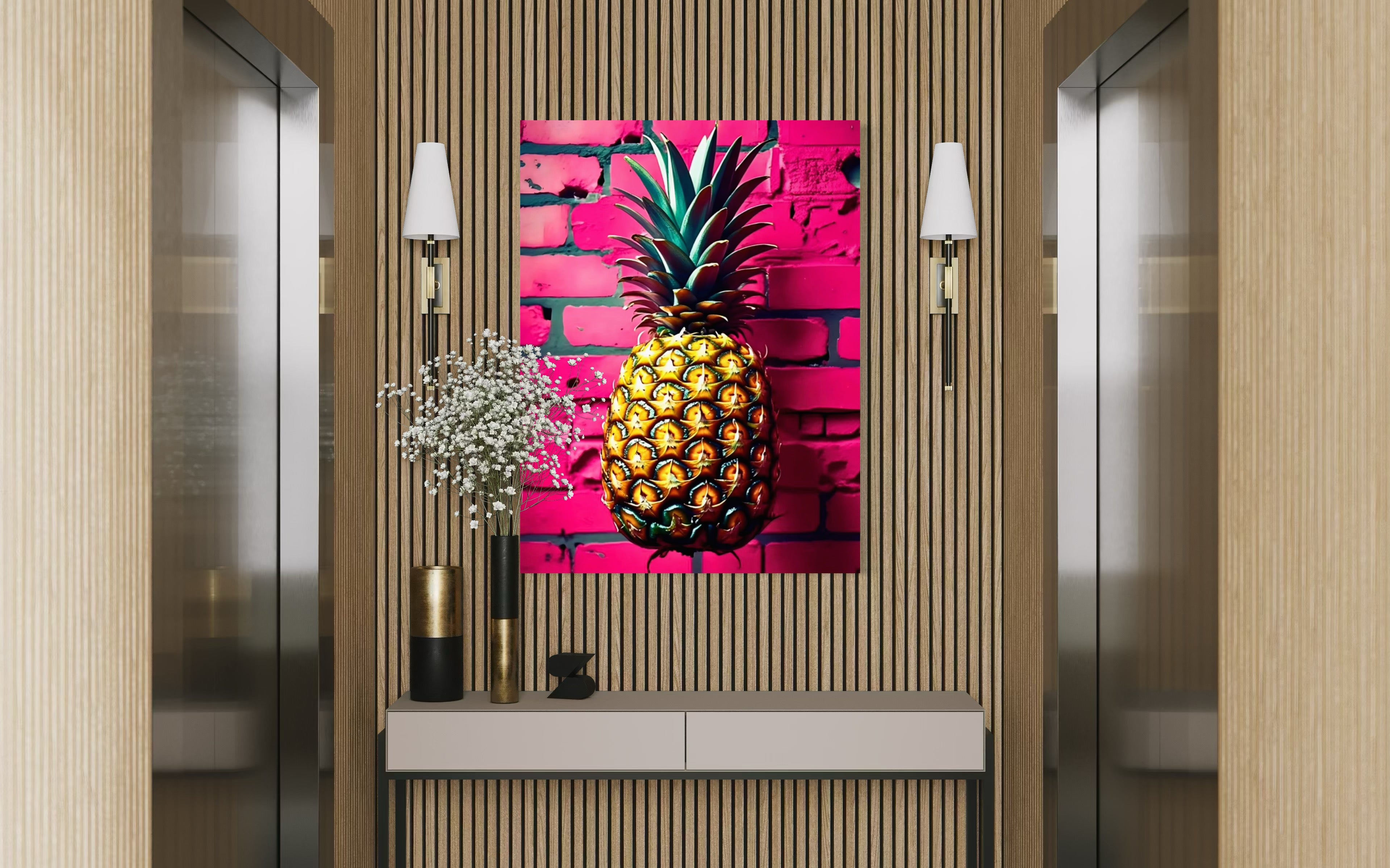 Vibrant Pineapple with Hot Pink Brick Background