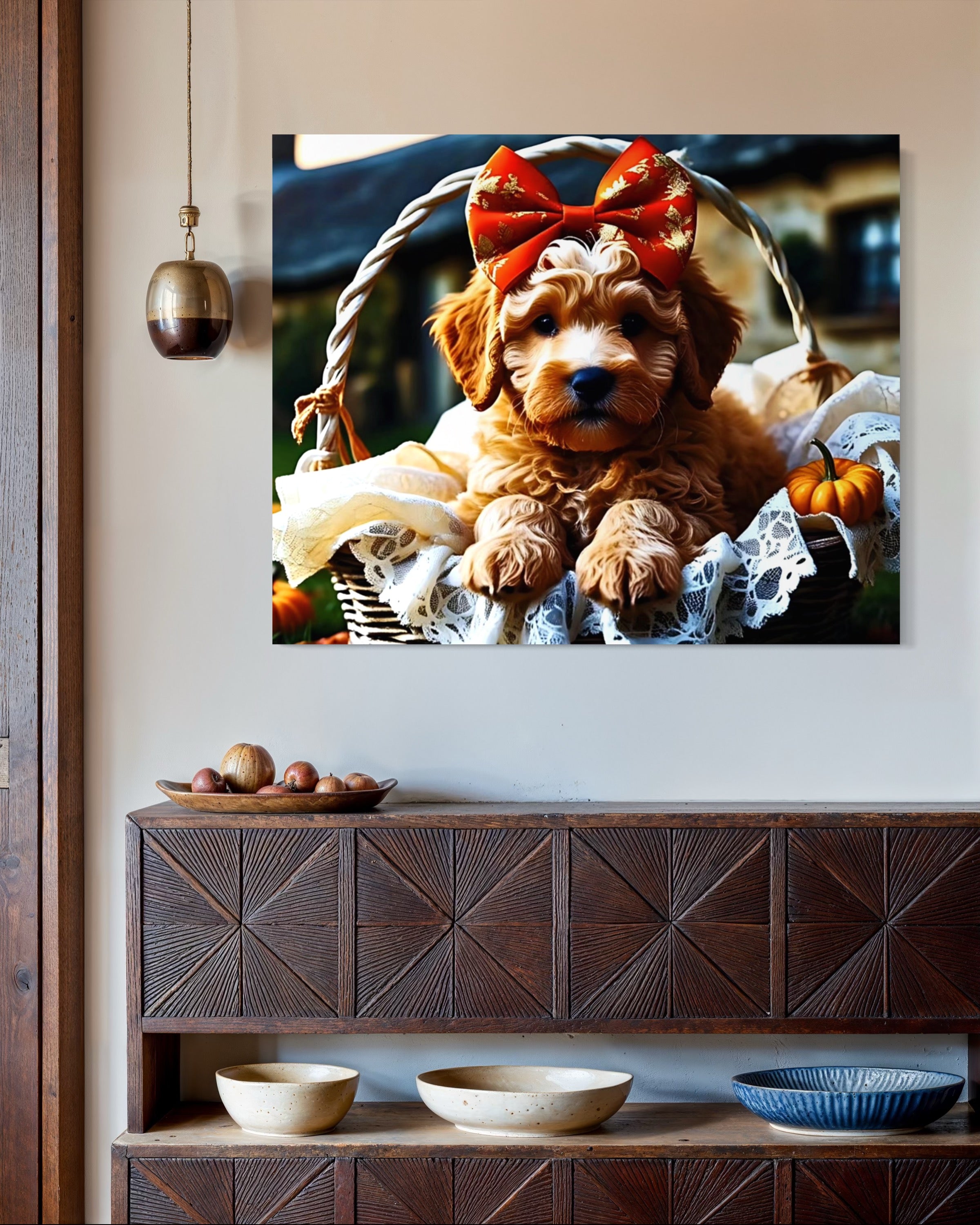 Autumn Goldendoodle Puppy with Bow in Basket