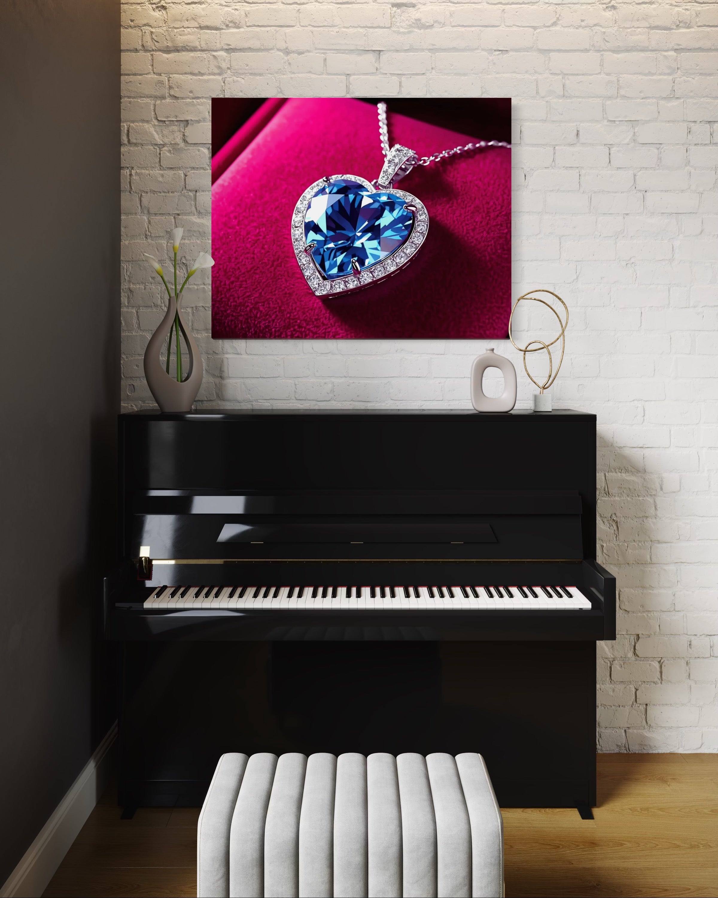 Blue Diamond Heart Necklace on Pink Velvet Museum Print
