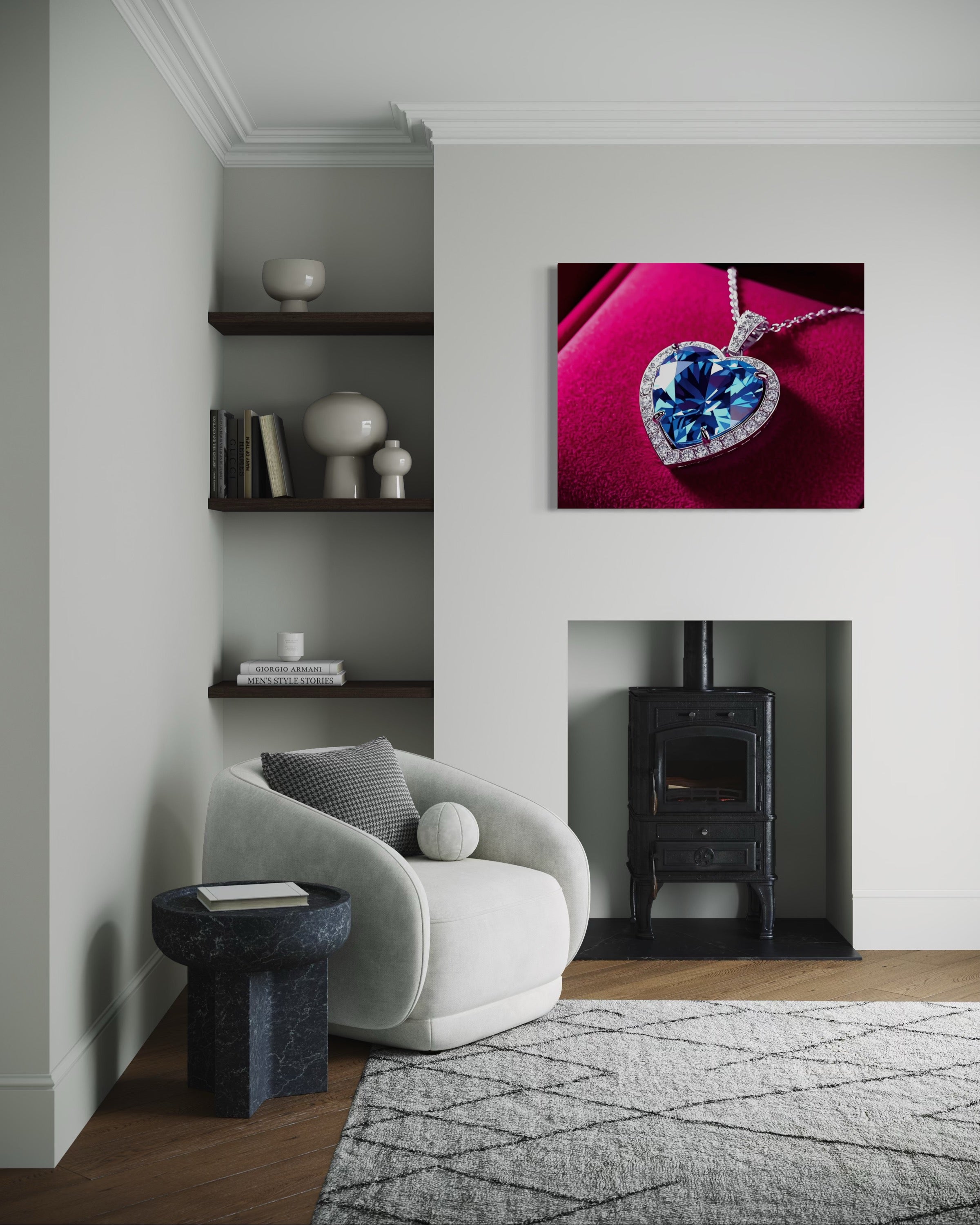 Blue Diamond Heart Necklace on Pink Velvet Museum Print