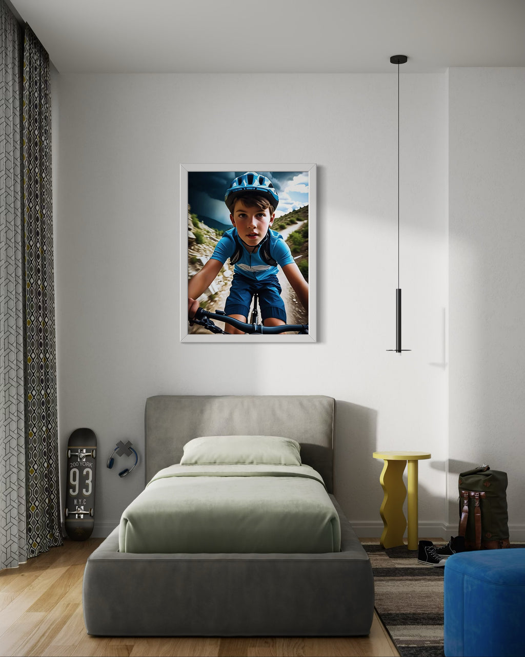 Boy Mountain Biking Blue Museum Print