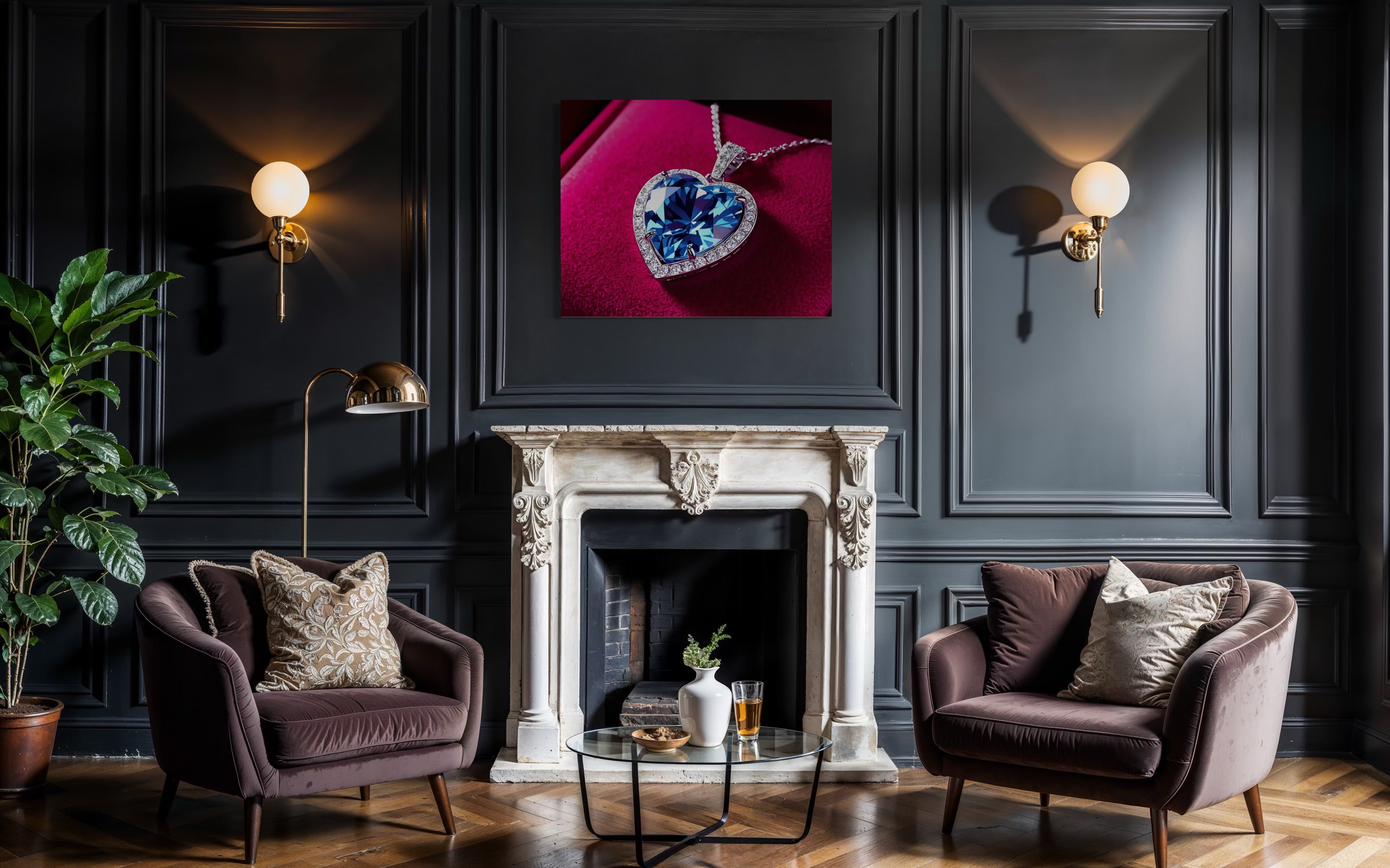 Blue Diamond Heart Necklace on Pink Velvet Museum Print