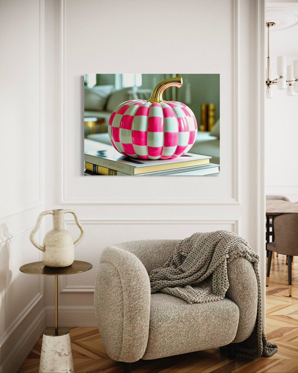 Pink and White Checkered Gold Stem Ceramic Pumpkin