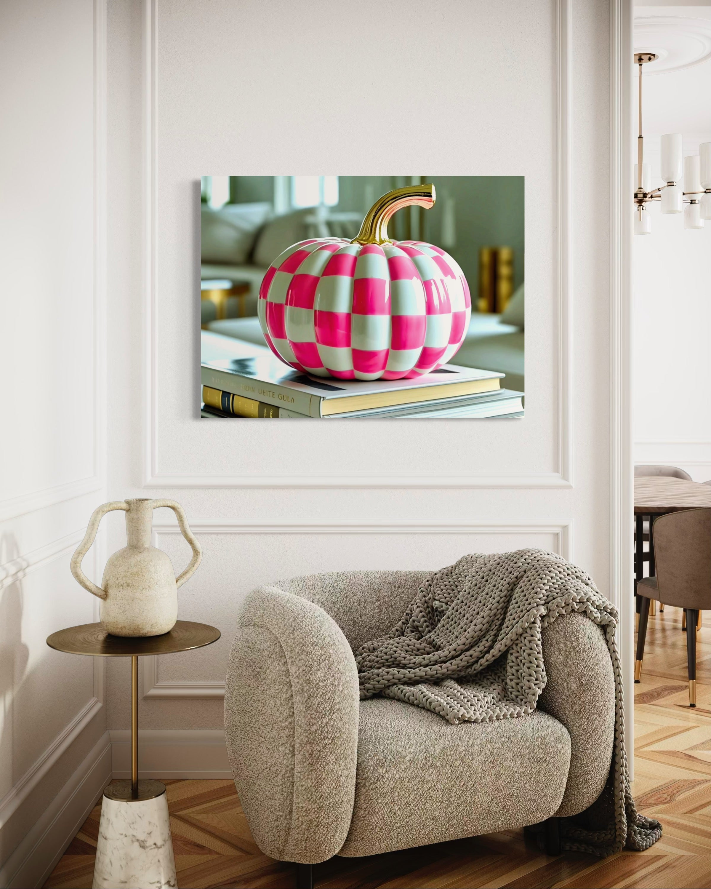Pink and White Checkered Gold Stem Ceramic Pumpkin