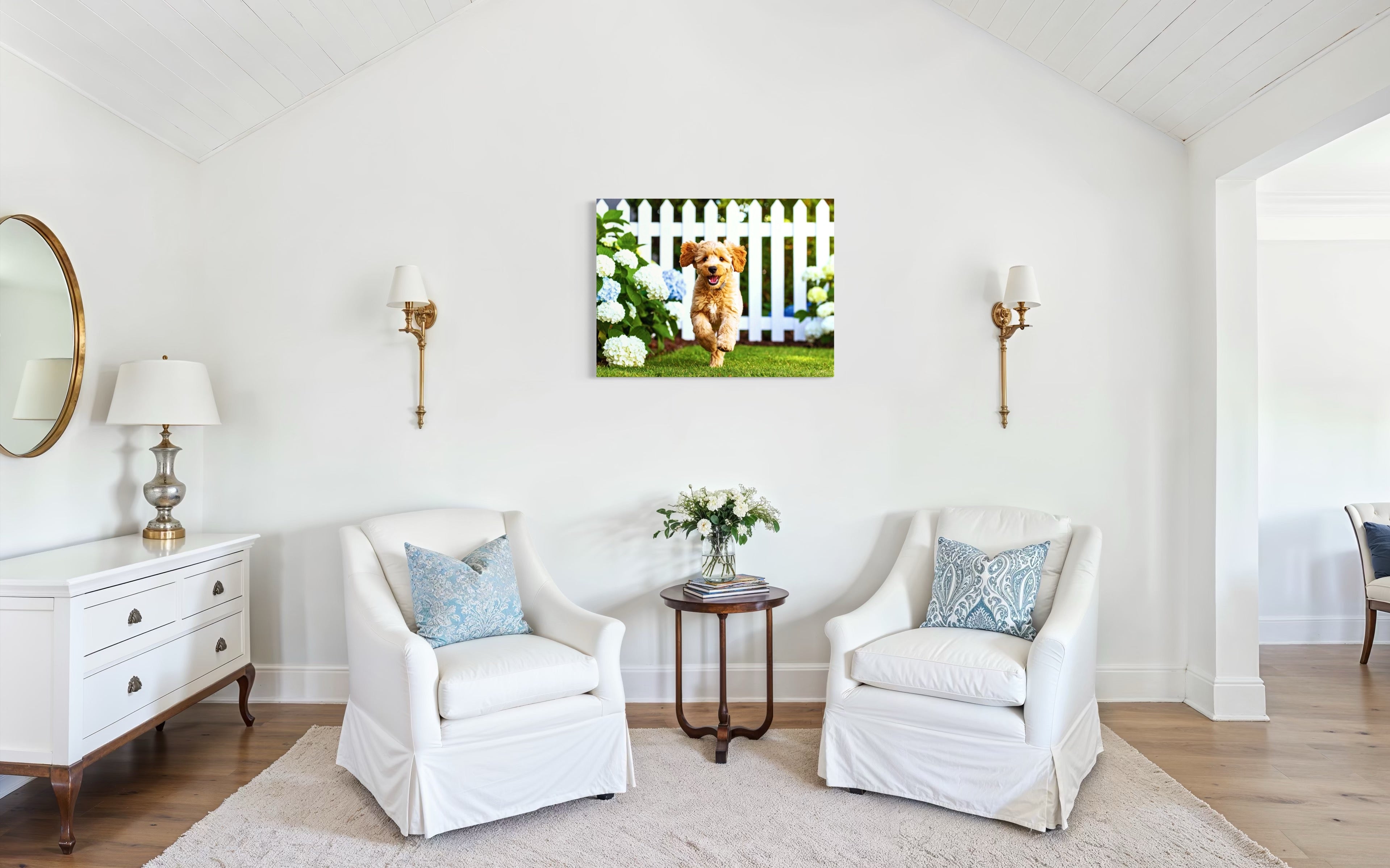 Goldendoodle Puppy Hydrangea Garden Museum Print