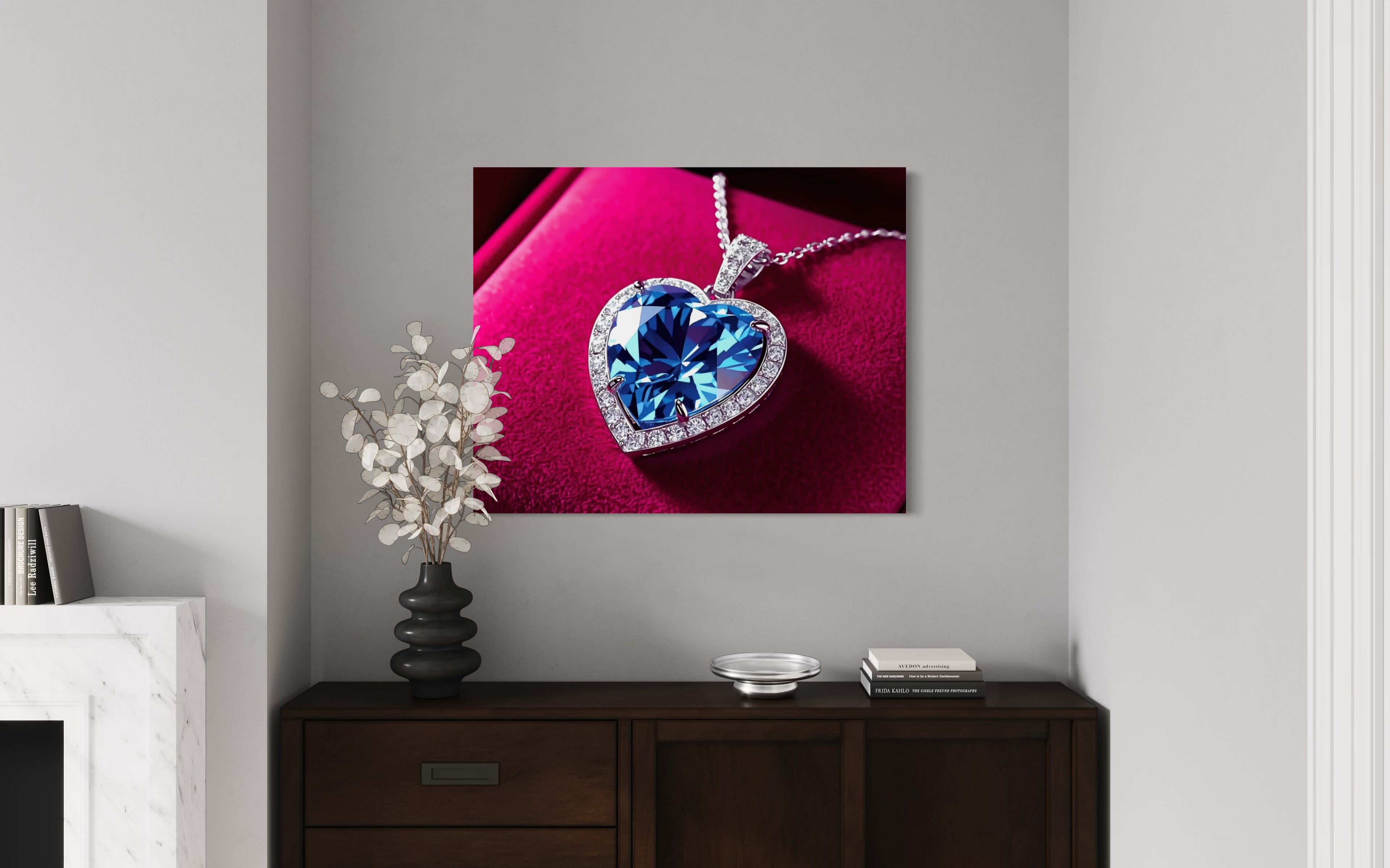 Blue Diamond Heart Necklace on Pink Velvet Museum Print