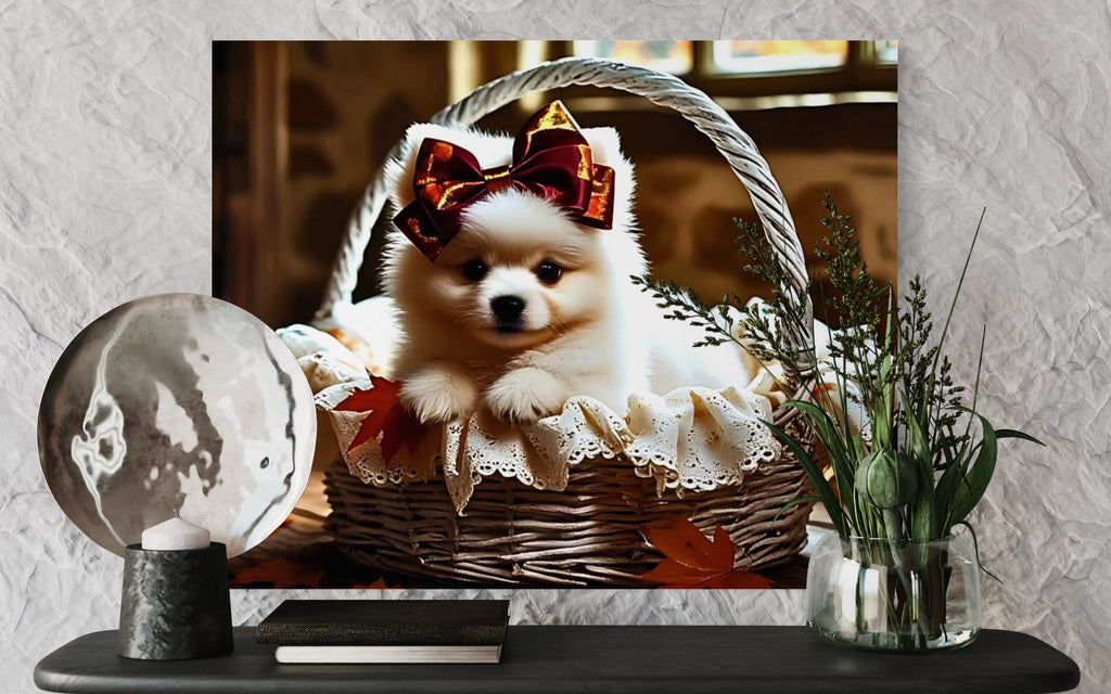 Autumn Pomeranian Puppy Girl with Bow in Basket