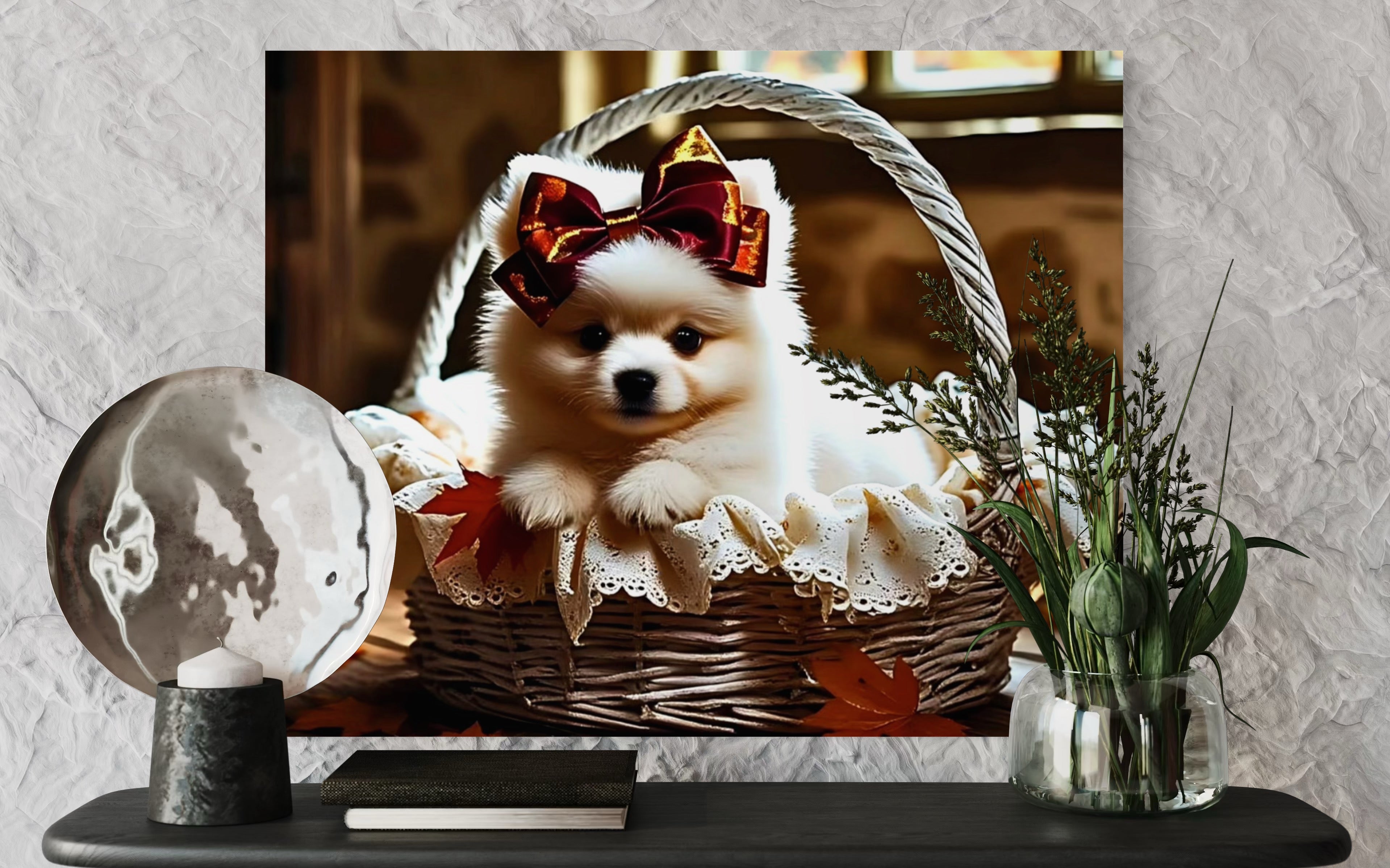 Autumn Pomeranian Puppy Girl with Bow in Basket